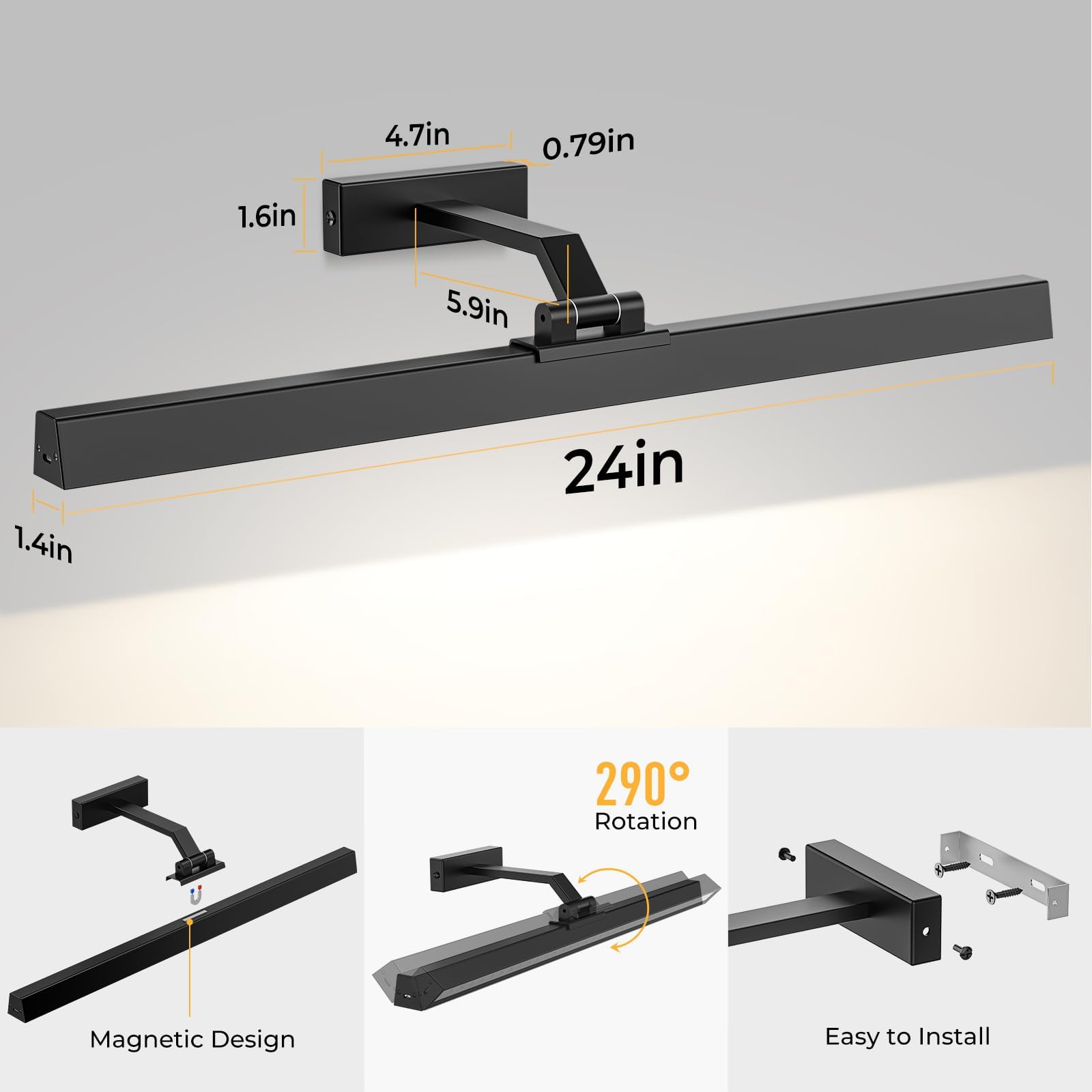 Wall Picture Light, 24in Battery-Powered Gallery Light for Artwork, CCT Dimmable Rechargeable Battery Wall V1171-CB-TR-BPL-1-USB-RM-60CM