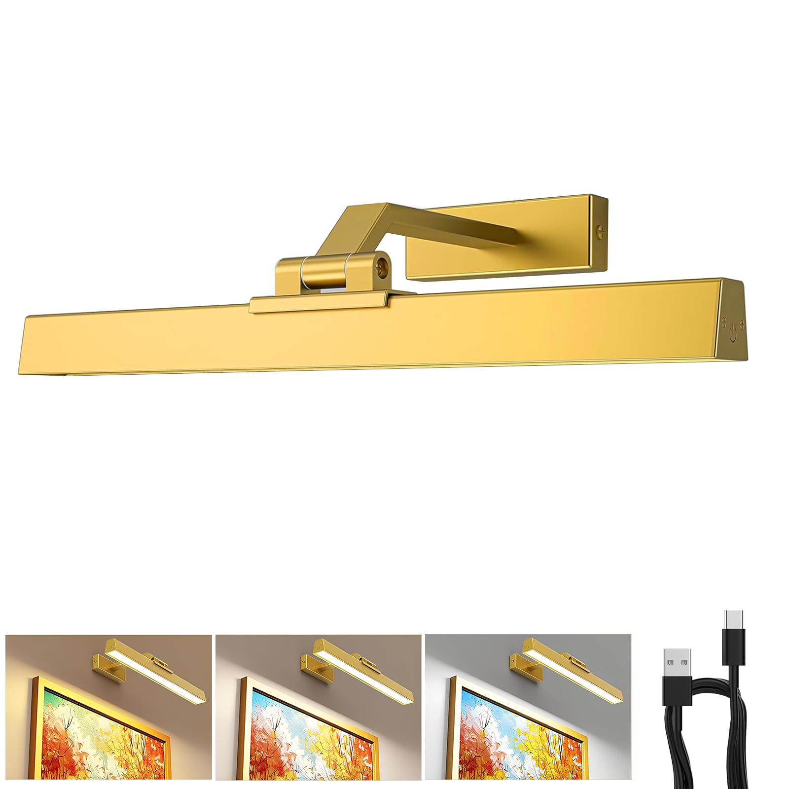 Picture Lights for Wall, Battery Operated Picture Light 16in Gallery Light for Paintings CCT Dimmable Gold V1171-CB-TR-GPL-1-USB-RM-40CM