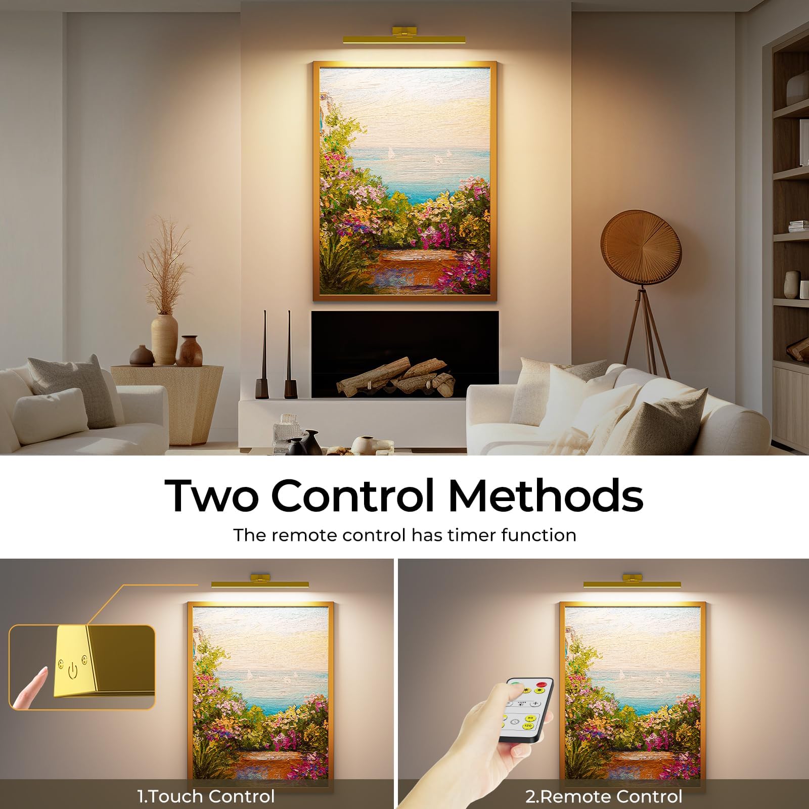 Picture Lights for Wall, Battery Operated Picture Light 16in Gallery Light for Paintings CCT Dimmable Gold V1171-CB-TR-GPL-1-USB-RM-40CM