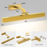 Picture Lights for Wall, Battery Operated Picture Light 16in Gallery Light for Paintings CCT Dimmable Gold V1171-CB-TR-GPL-1-USB-RM-40CM