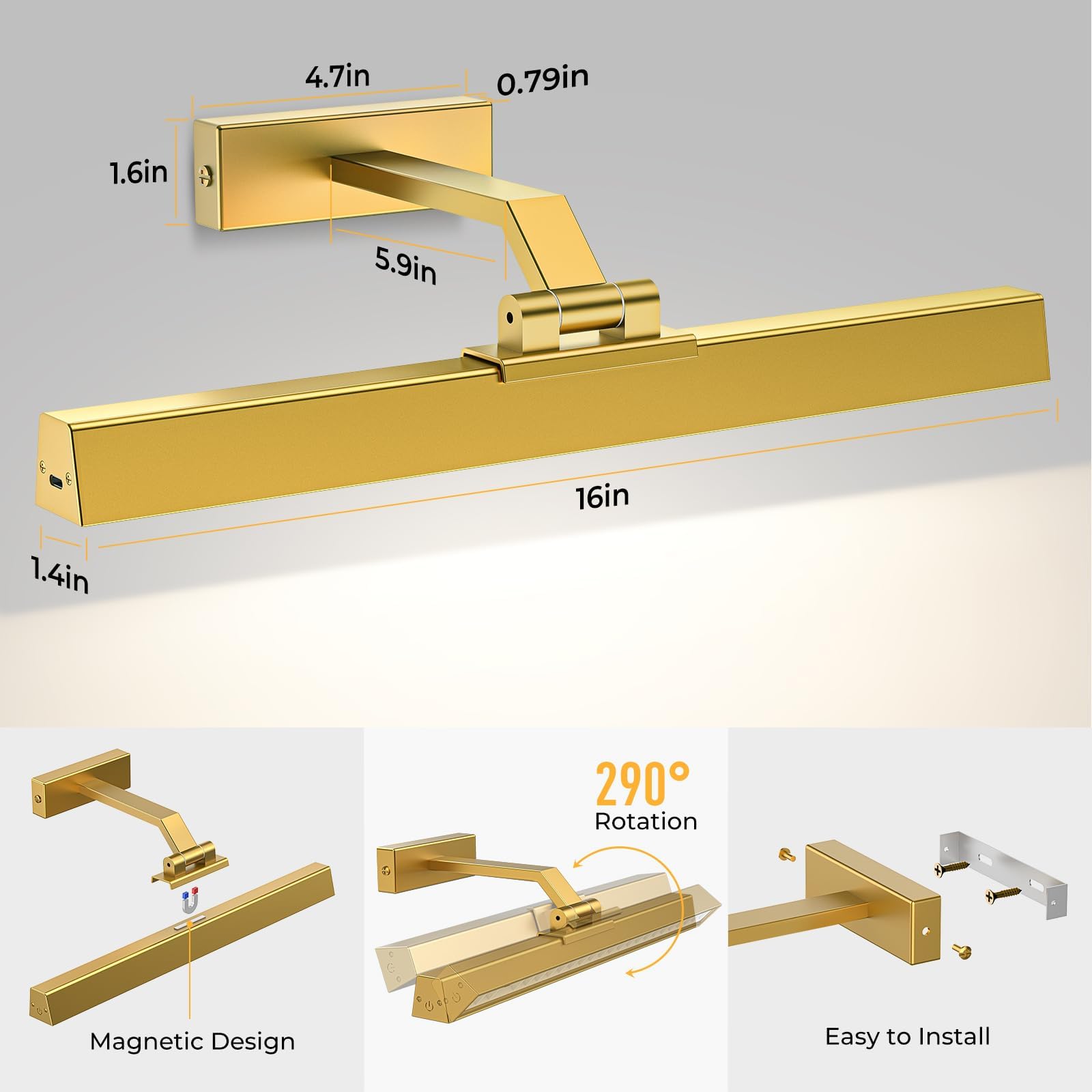 Picture Lights for Wall, Battery Operated Picture Light 16in Gallery Light for Paintings CCT Dimmable Gold V1171-CB-TR-GPL-1-USB-RM-40CM