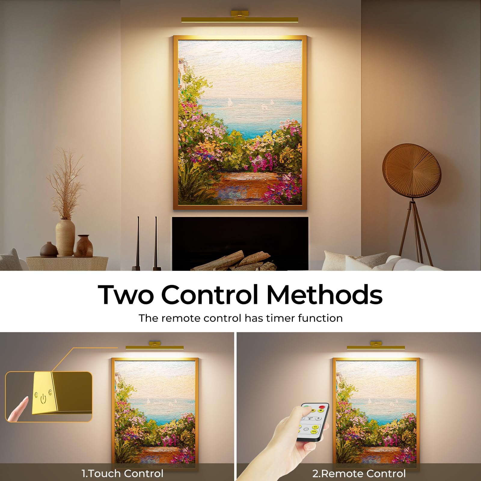 Wall Picture Light, 24in Battery-Powered Gallery Light for Artwork, CCT Dimmable Rechargeable Battery Wall V1171-CB-TR-GPL-1-USB-RM-60CM