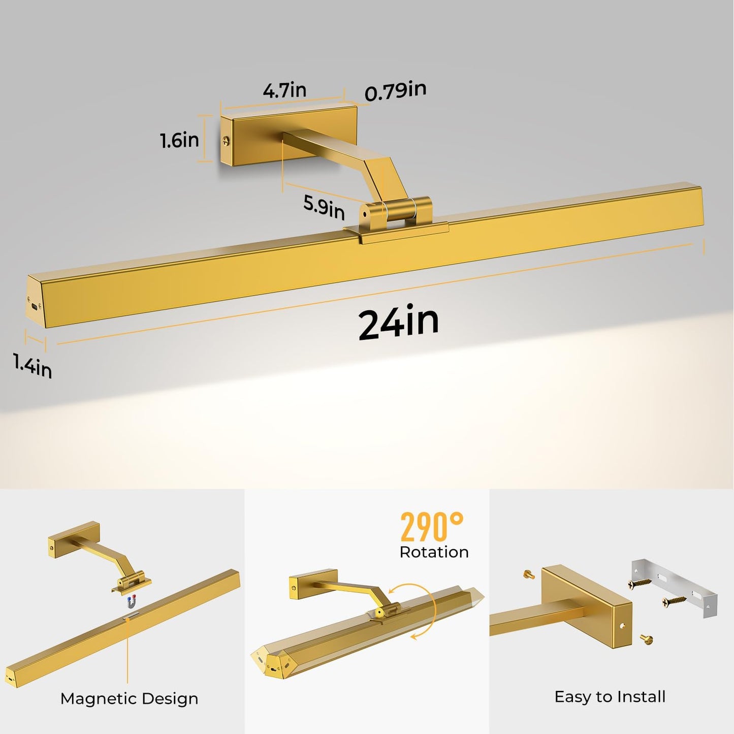 Wall Picture Light, 24in Battery-Powered Gallery Light for Artwork, CCT Dimmable Rechargeable Battery Wall V1171-CB-TR-GPL-1-USB-RM-60CM