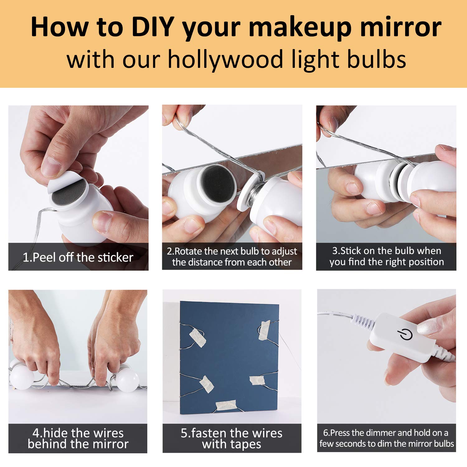 LED Makeup Vanity Lights with 14 Dimmable Light Bulbs, Hollywood Style Cosmetic Mirror Lights, USB Cable, 3 V1171-CB-USB-CCT-14MIRROR1