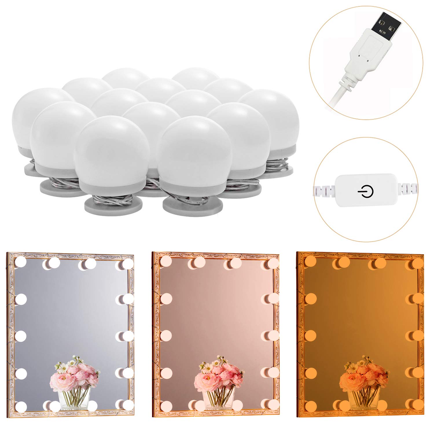 LED Makeup Vanity Lights with 14 Dimmable Light Bulbs, Hollywood Style Cosmetic Mirror Lights, USB Cable, 3 V1171-CB-USB-CCT-14MIRROR1