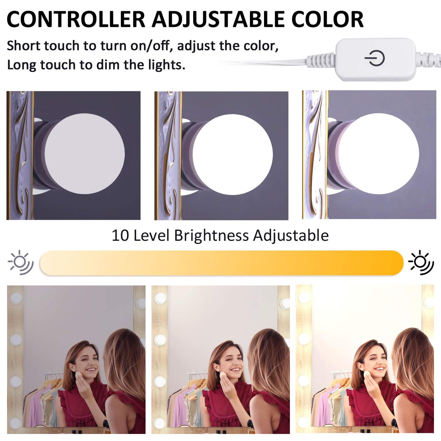 LED Makeup Vanity Lights with 14 Dimmable Light Bulbs, Hollywood Style Cosmetic Mirror Lights, USB Cable, 3 V1171-CB-USB-CCT-14MIRROR1