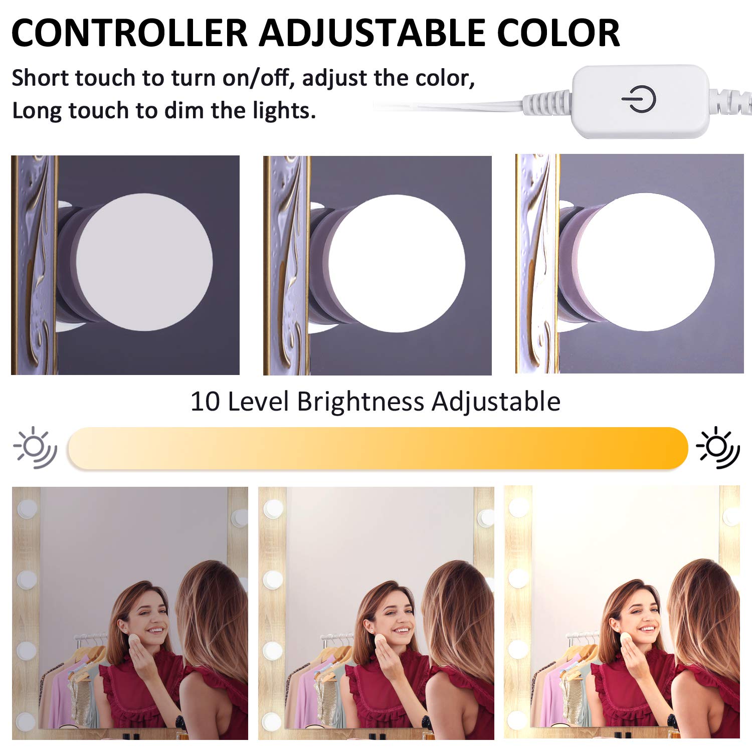 LED Makeup Vanity Lights with 14 Dimmable Light Bulbs, Hollywood Style Cosmetic Mirror Lights, USB Cable, 3 V1171-CB-USB-CCT-14MIRROR1