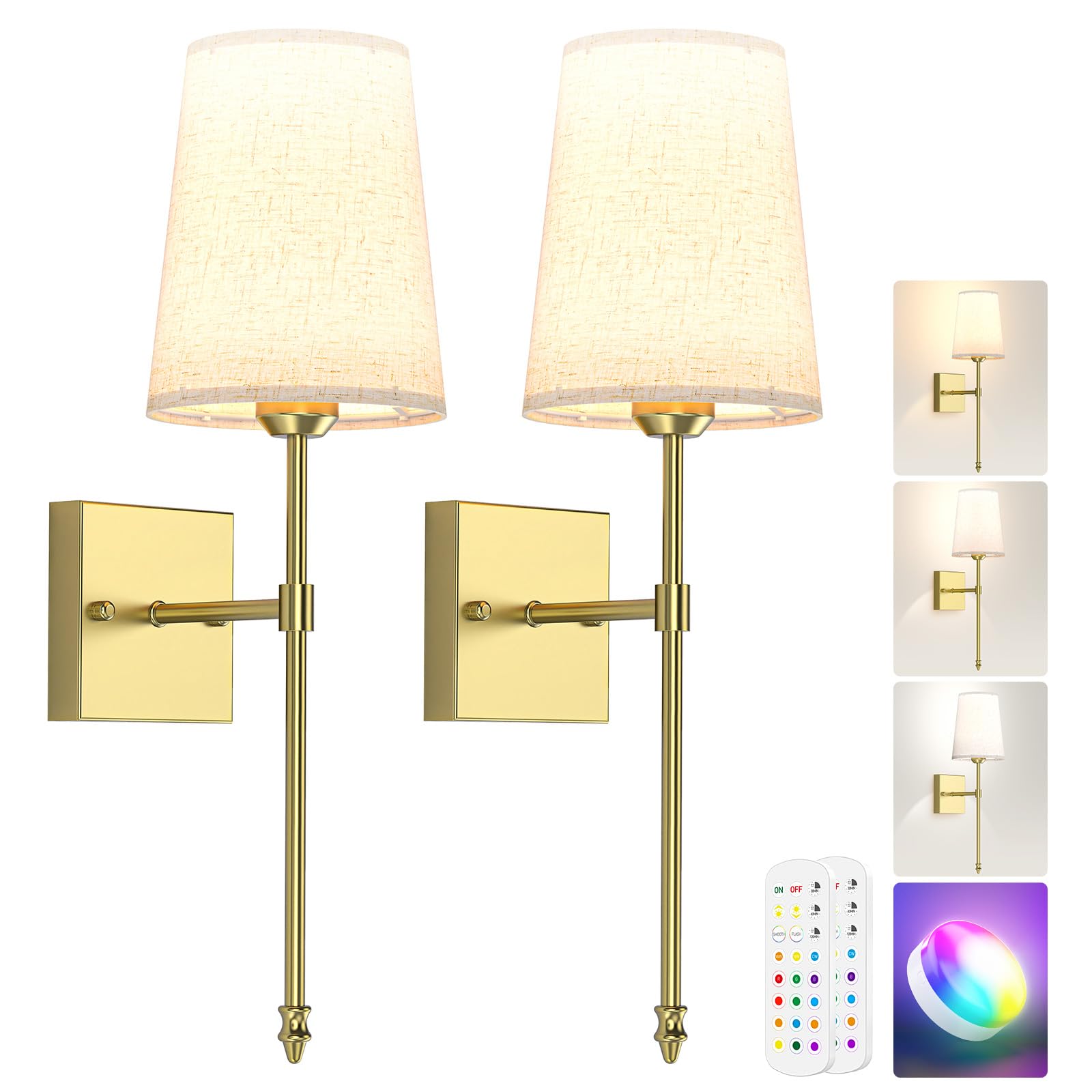 Battery Operated Wall Sconce, 5000mAh Rechargeable Dimmable RGB Wall Sconce Set of 2 with Remote, 3 Color V1171-CB-WL-CU-CCT-USB2