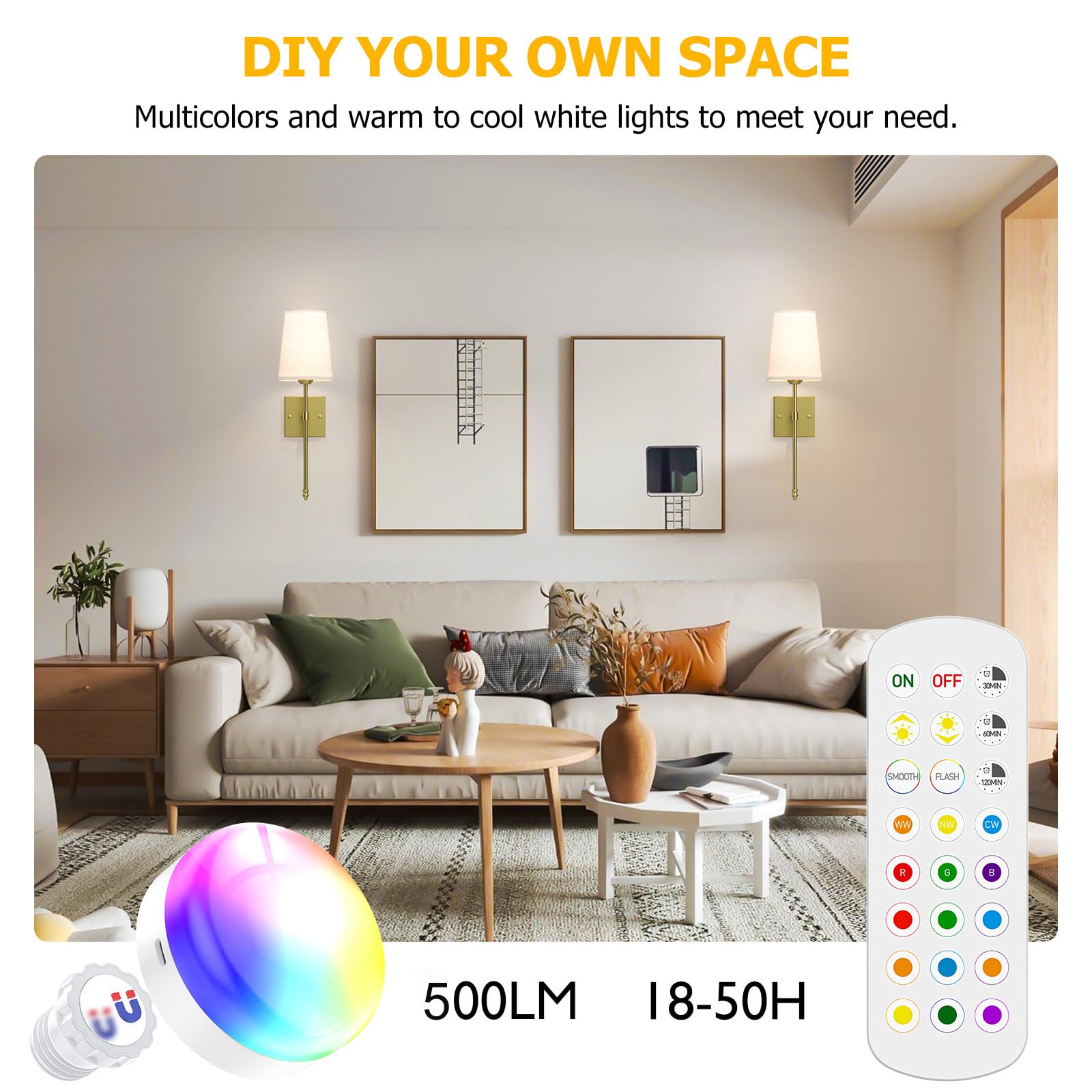 Battery Operated Wall Sconce, 5000mAh Rechargeable Dimmable RGB Wall Sconce Set of 2 with Remote, 3 Color V1171-CB-WL-CU-CCT-USB2