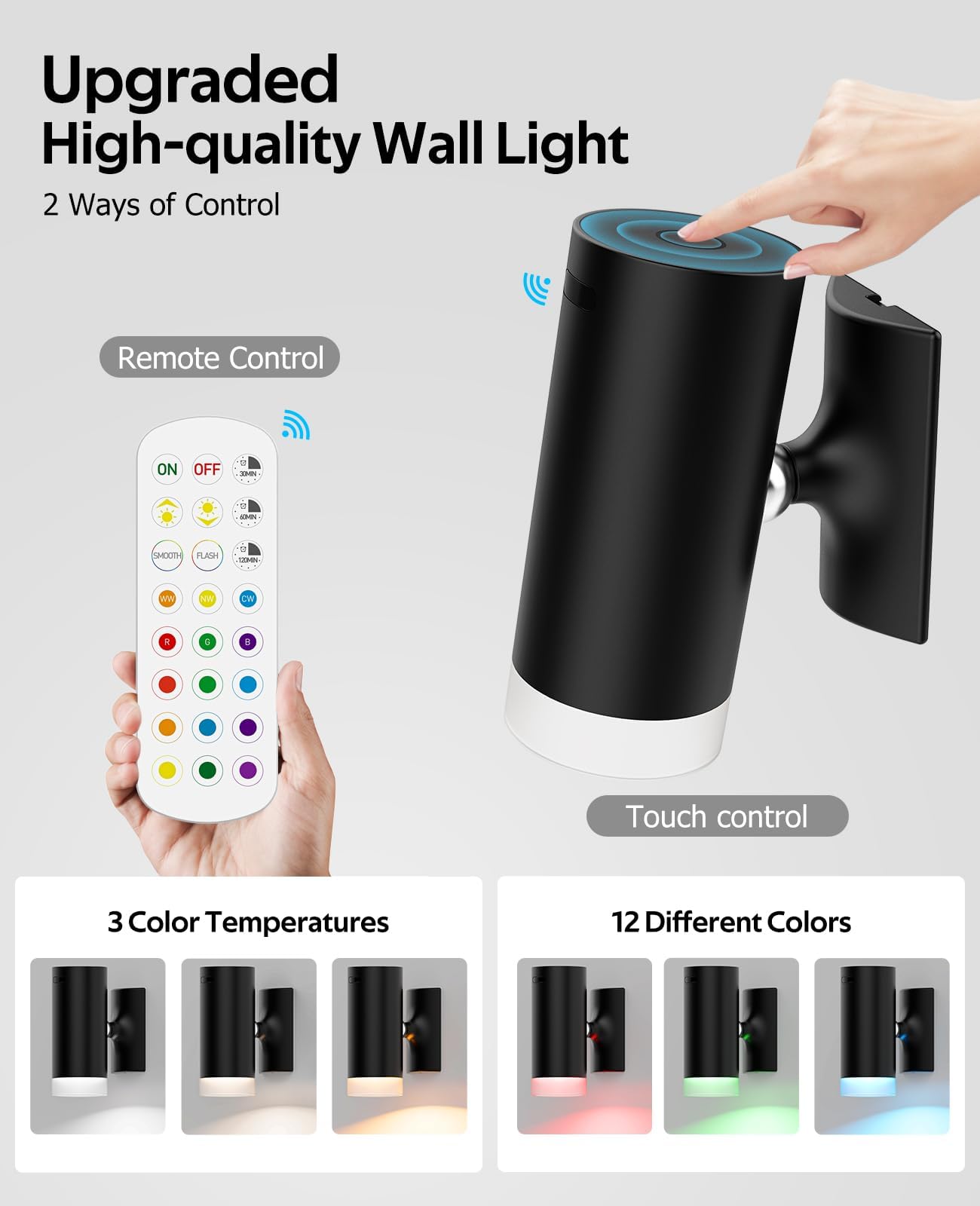 Battery Operated Wall Lights 2 Pack Rechargeable Wall Lights Indoor Touch Dimmable with Remote V1171-CB-WL-DL-RGB-CCT2