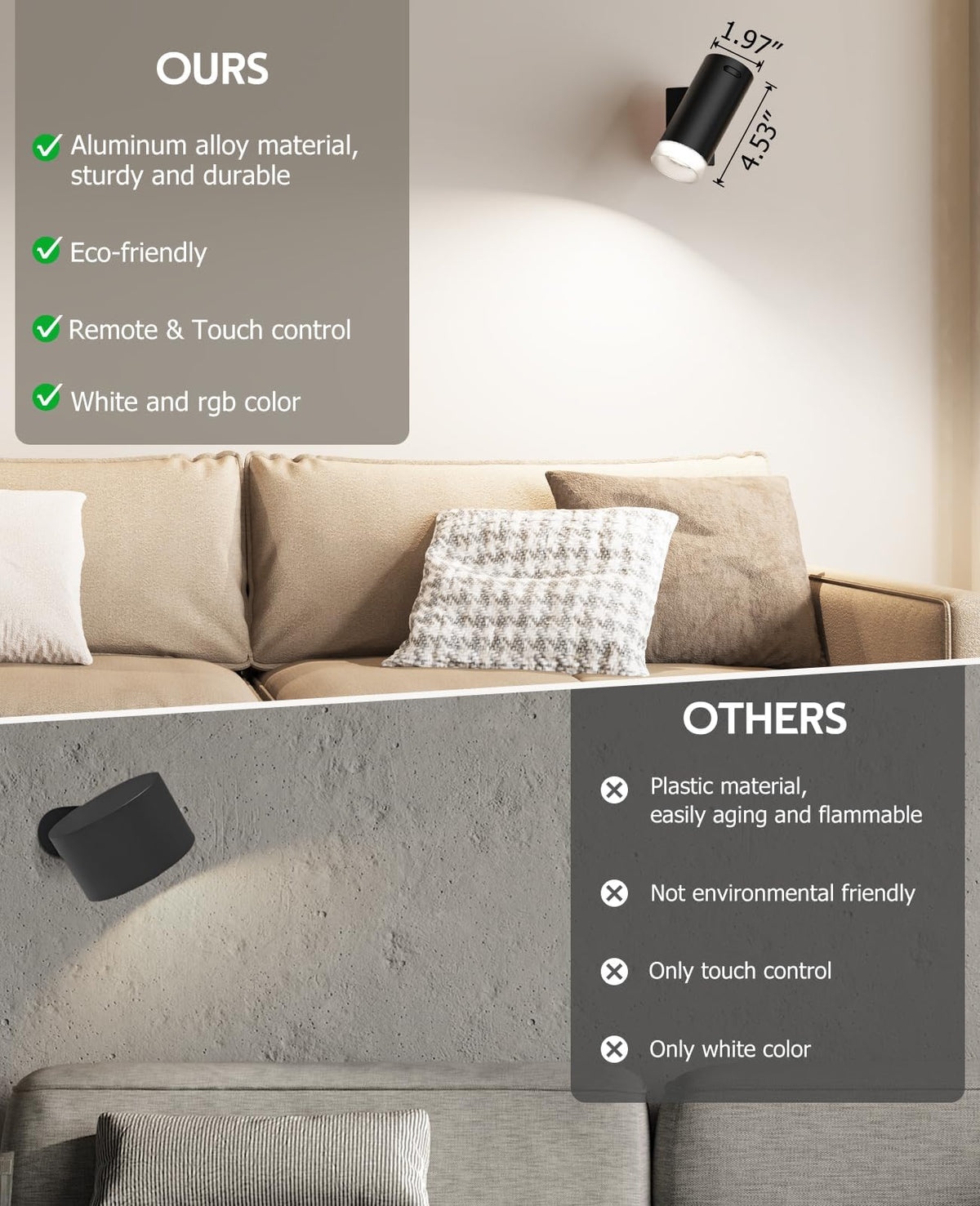 Battery Operated Wall Lights 2 Pack Rechargeable Wall Lights Indoor Touch Dimmable with Remote V1171-CB-WL-DL-RGB-CCT2
