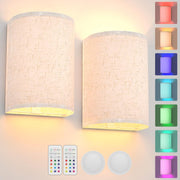 Battery Operated Wall Lights, 2 Pack Boho Decor with Remote Control, RGB Color Rustic Wall Sconces, Fabric V1171-CB-WL-MAGNET-RGB-BO-2