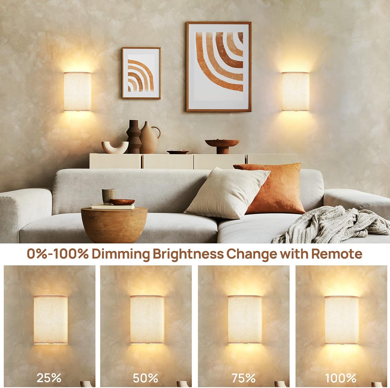 Battery Operated Wall Lights, 2 Pack Boho Decor with Remote Control, RGB Color Rustic Wall Sconces, Fabric V1171-CB-WL-MAGNET-RGB-BO-2