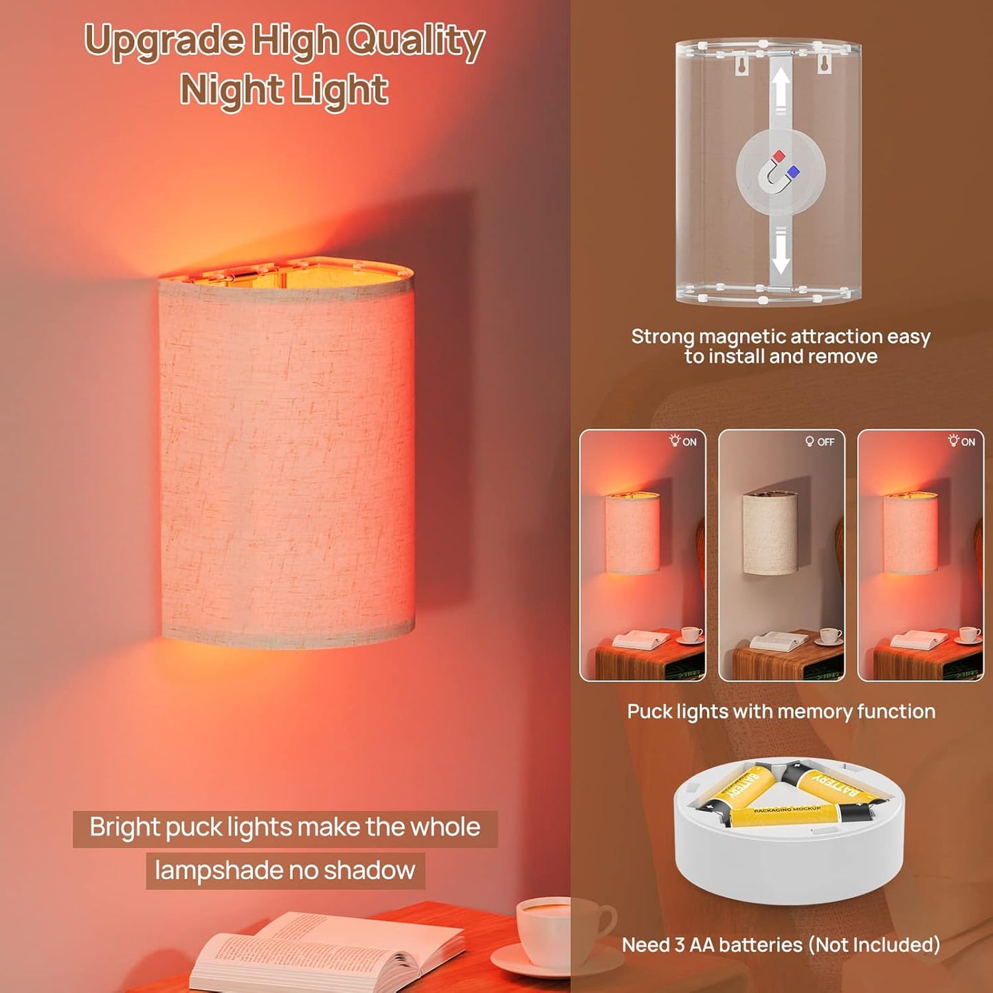 Battery Operated Wall Lights, 2 Pack Boho Decor with Remote Control, RGB Color Rustic Wall Sconces, Fabric V1171-CB-WL-MAGNET-RGB-BO-2