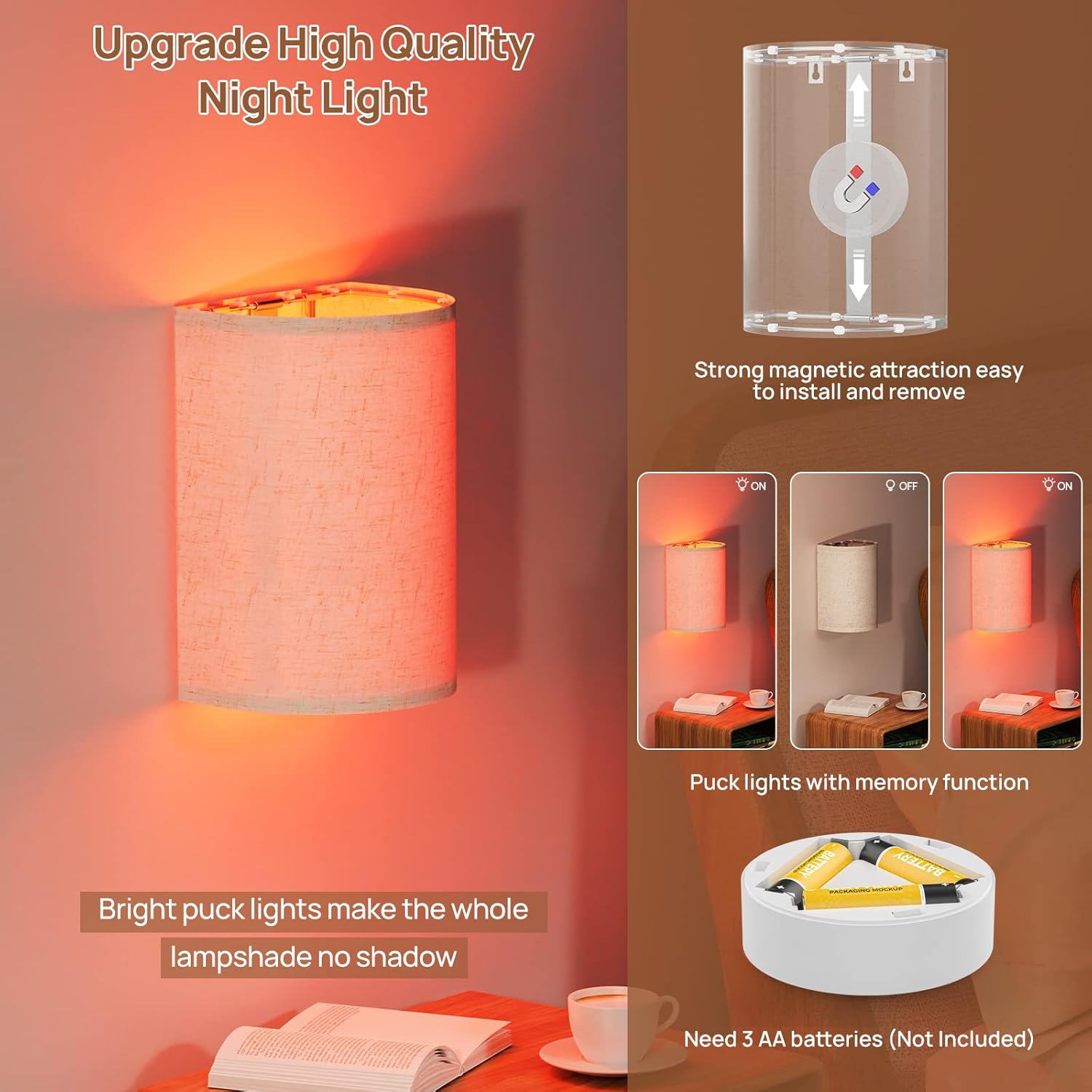 Battery Operated Wall Lights, 2 Pack Boho Decor with Remote Control, RGB Color Rustic Wall Sconces, Fabric V1171-CB-WL-MAGNET-RGB-BO-2
