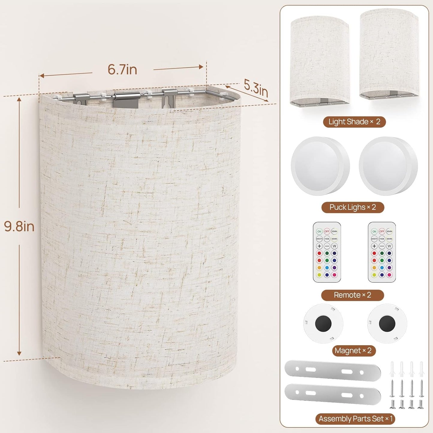 Battery Operated Wall Lights, 2 Pack Boho Decor with Remote Control, RGB Color Rustic Wall Sconces, Fabric V1171-CB-WL-MAGNET-RGB-BO-2
