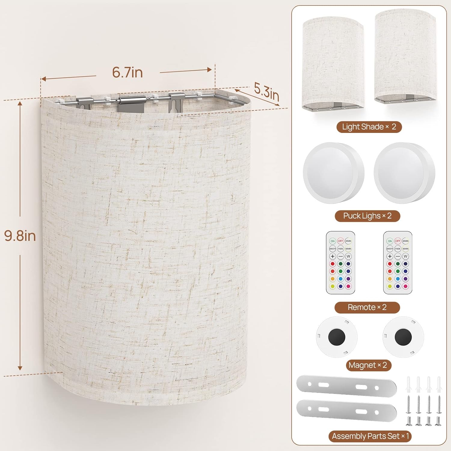 Battery Operated Wall Lights, 2 Pack Boho Decor with Remote Control, RGB Color Rustic Wall Sconces, Fabric V1171-CB-WL-MAGNET-RGB-BO-2
