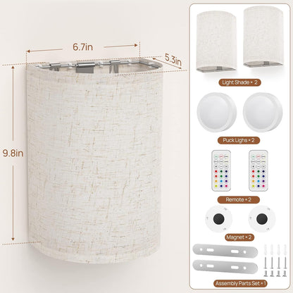 Battery Operated Wall Lights, 2 Pack Boho Decor with Remote Control, RGB Color Rustic Wall Sconces, Fabric V1171-CB-WL-MAGNET-RGB-BO-2