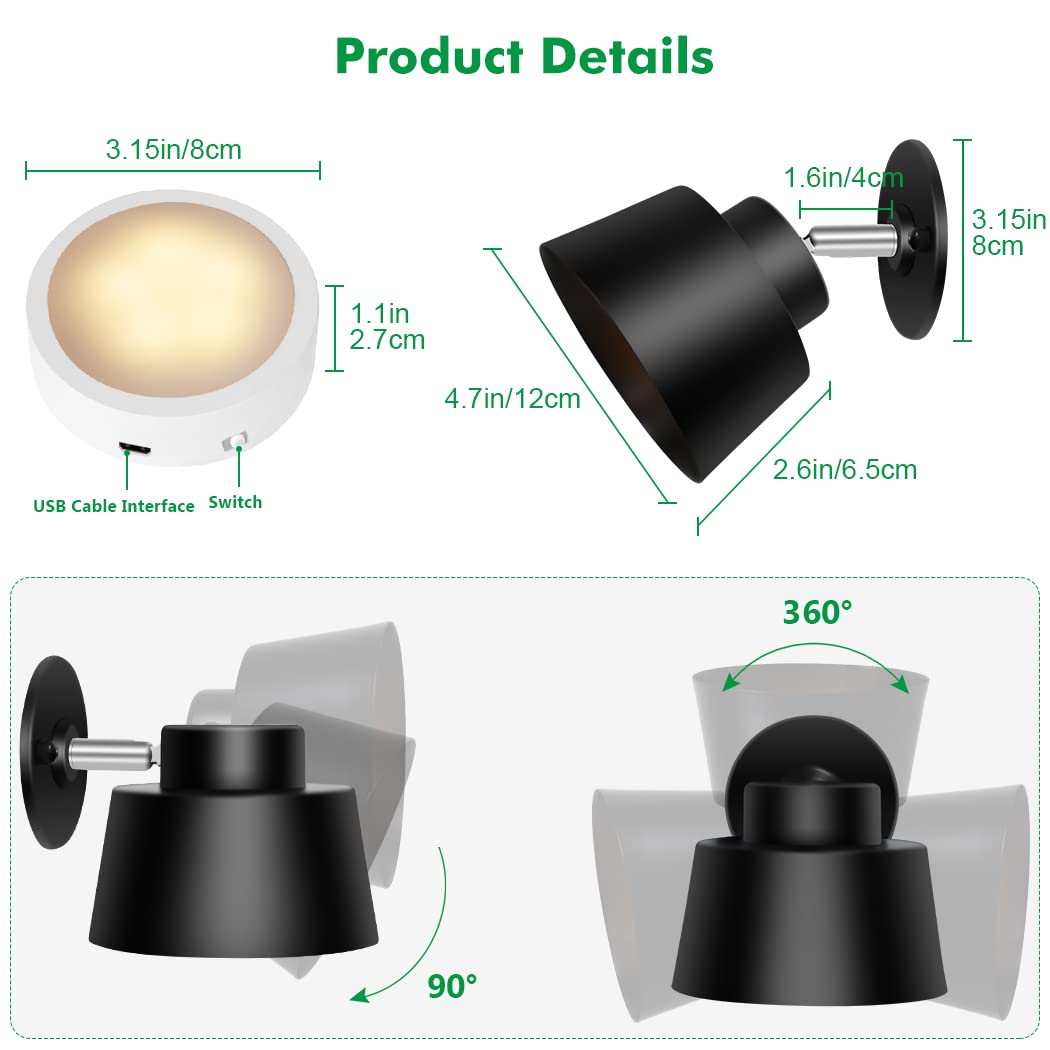Night Light Wireless Wall Light Indoor LED 2 Pack,Battery Operated Wall Lights Rechargeable Lamp with V1171-CB-WL-MINI-B2-CCT-USB