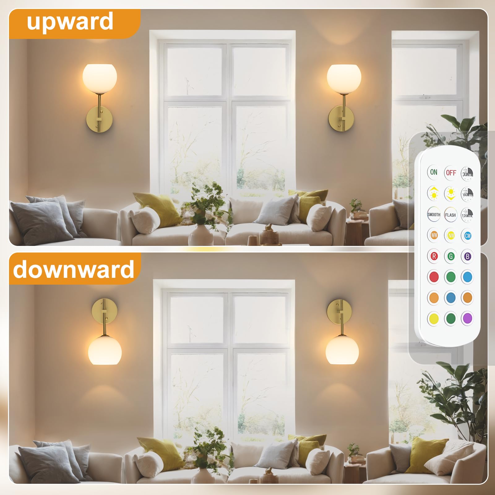 Rechargeable Wall Light Indoor,Battery Operated Wall Lamp with Remote,Indoor Wall Light with 3 Color Modes V1171-CB-WLG-SQUARE-CCT-RGB-USB2