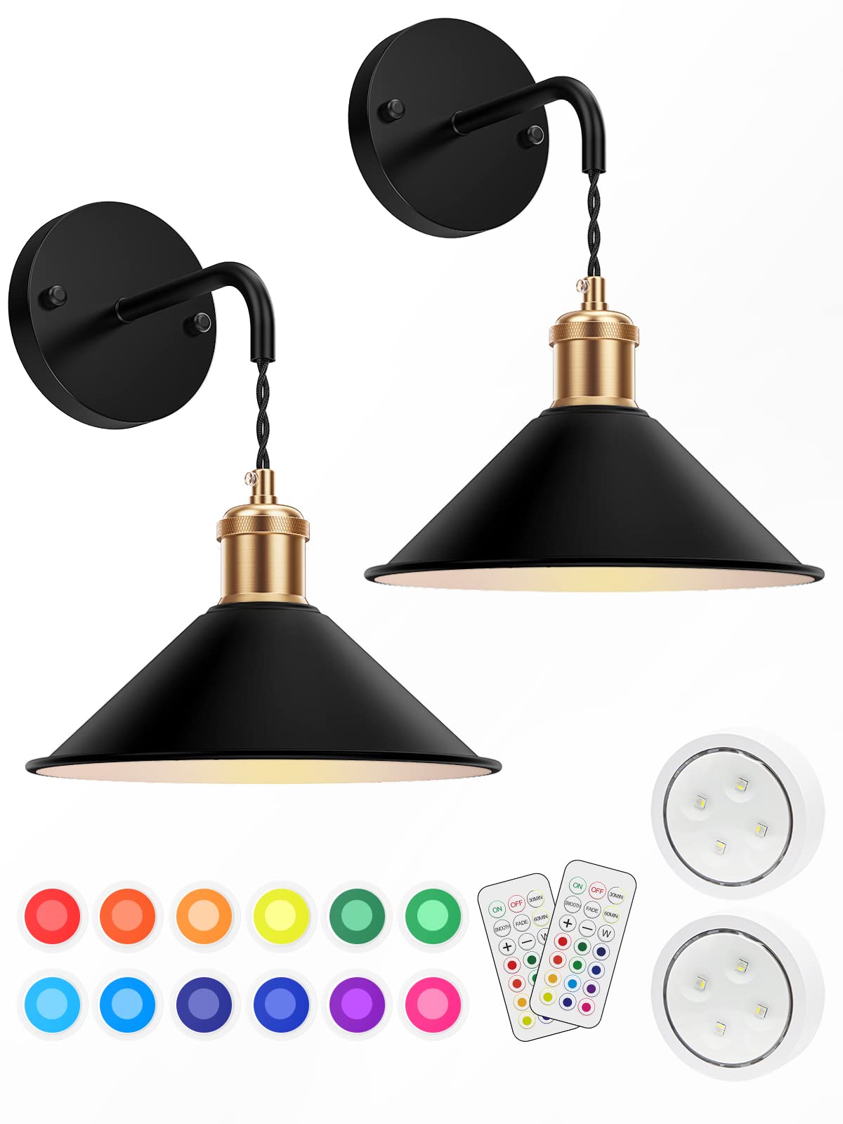 Battery Operated Wall Sconce, Wireless Wall Lights Set of 2, 13 RGB Colors Dimmable Battery Powered Wall Lamp V1171-CB-WLPD-B-RGB-BO2