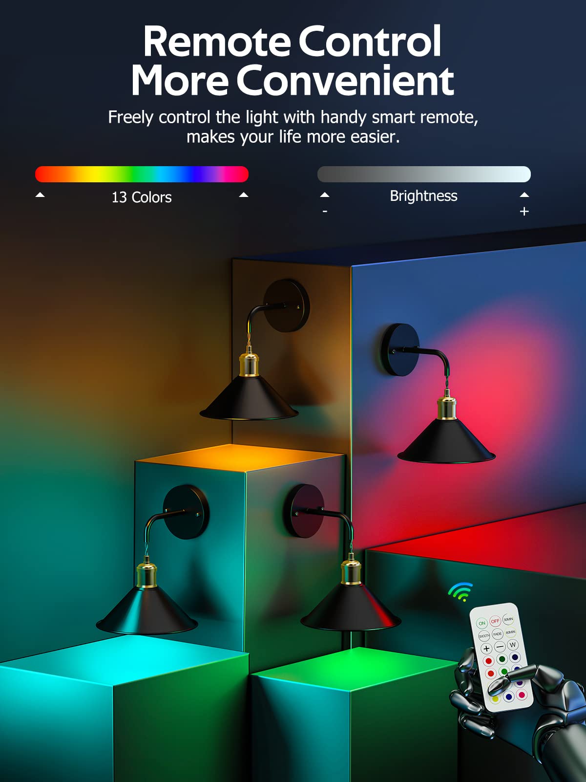 Battery Operated Wall Sconce, Wireless Wall Lights Set of 2, 13 RGB Colors Dimmable Battery Powered Wall Lamp V1171-CB-WLPD-B-RGB-BO2