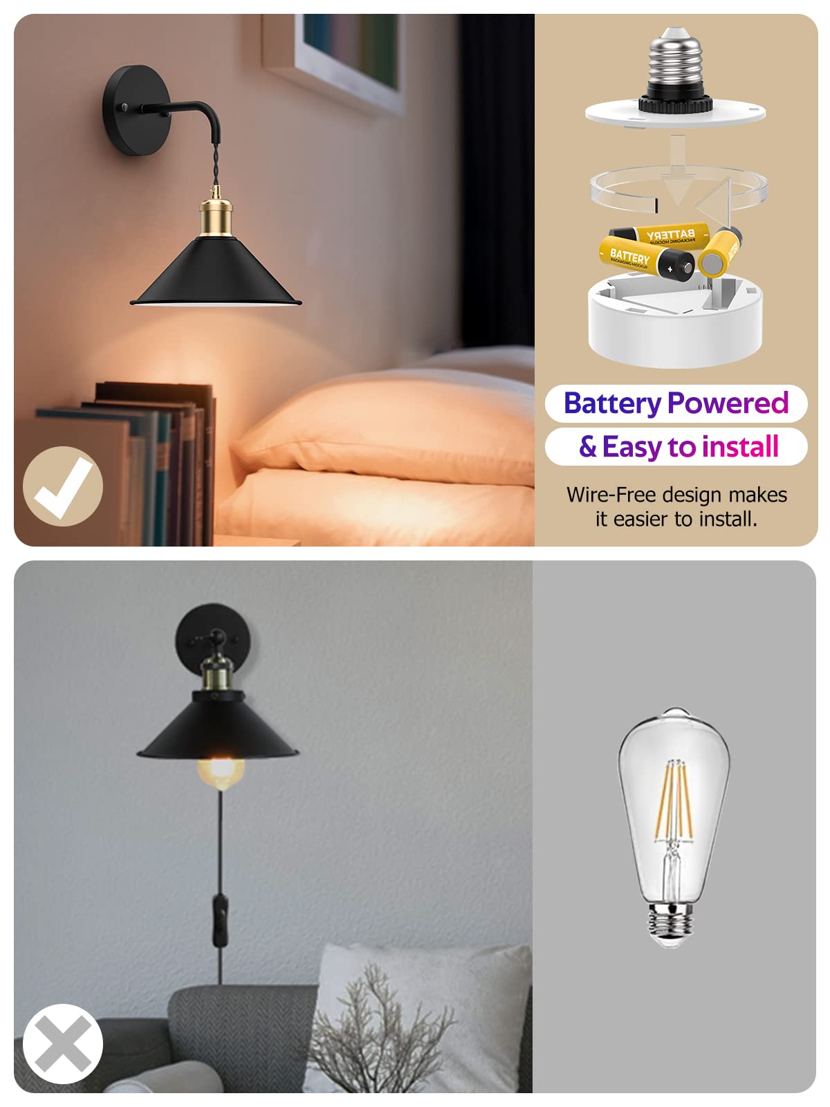 Battery Operated Wall Sconce, Wireless Wall Lights Set of 2, 13 RGB Colors Dimmable Battery Powered Wall Lamp V1171-CB-WLPD-B-RGB-BO2