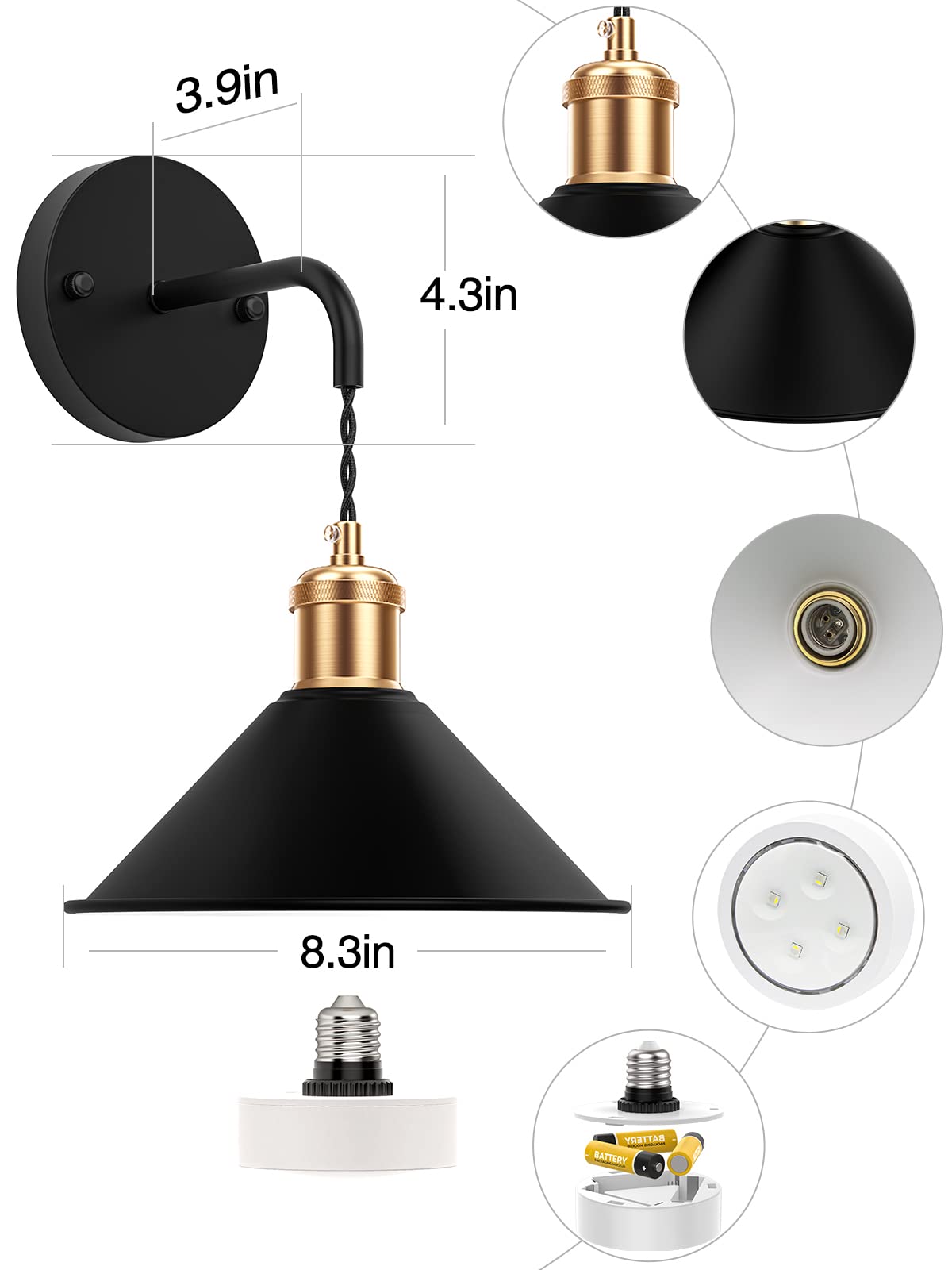 Battery Operated Wall Sconce, Wireless Wall Lights Set of 2, 13 RGB Colors Dimmable Battery Powered Wall Lamp V1171-CB-WLPD-B-RGB-BO2