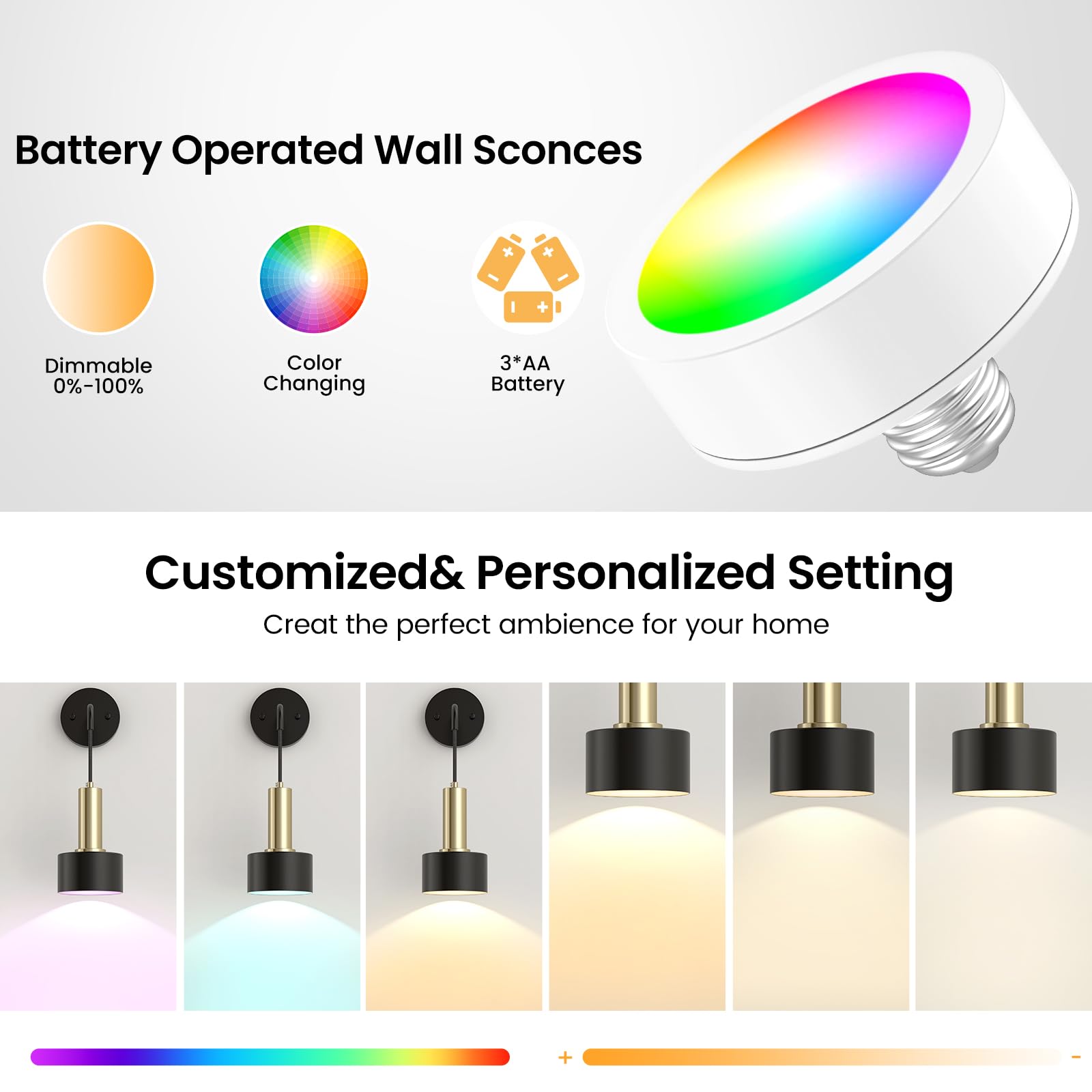 Battery Operated Wall Sconce Set of 2, Dimmable RGB Wall Sconce with Remote Indoor Battery Powered Wall Lamp V1171-CB-WLPD-CU-B-RGB-BO2