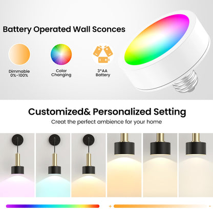Battery Operated Wall Sconce Set of 2, Dimmable RGB Wall Sconce with Remote Indoor Battery Powered Wall Lamp V1171-CB-WLPD-CU-B-RGB-BO2
