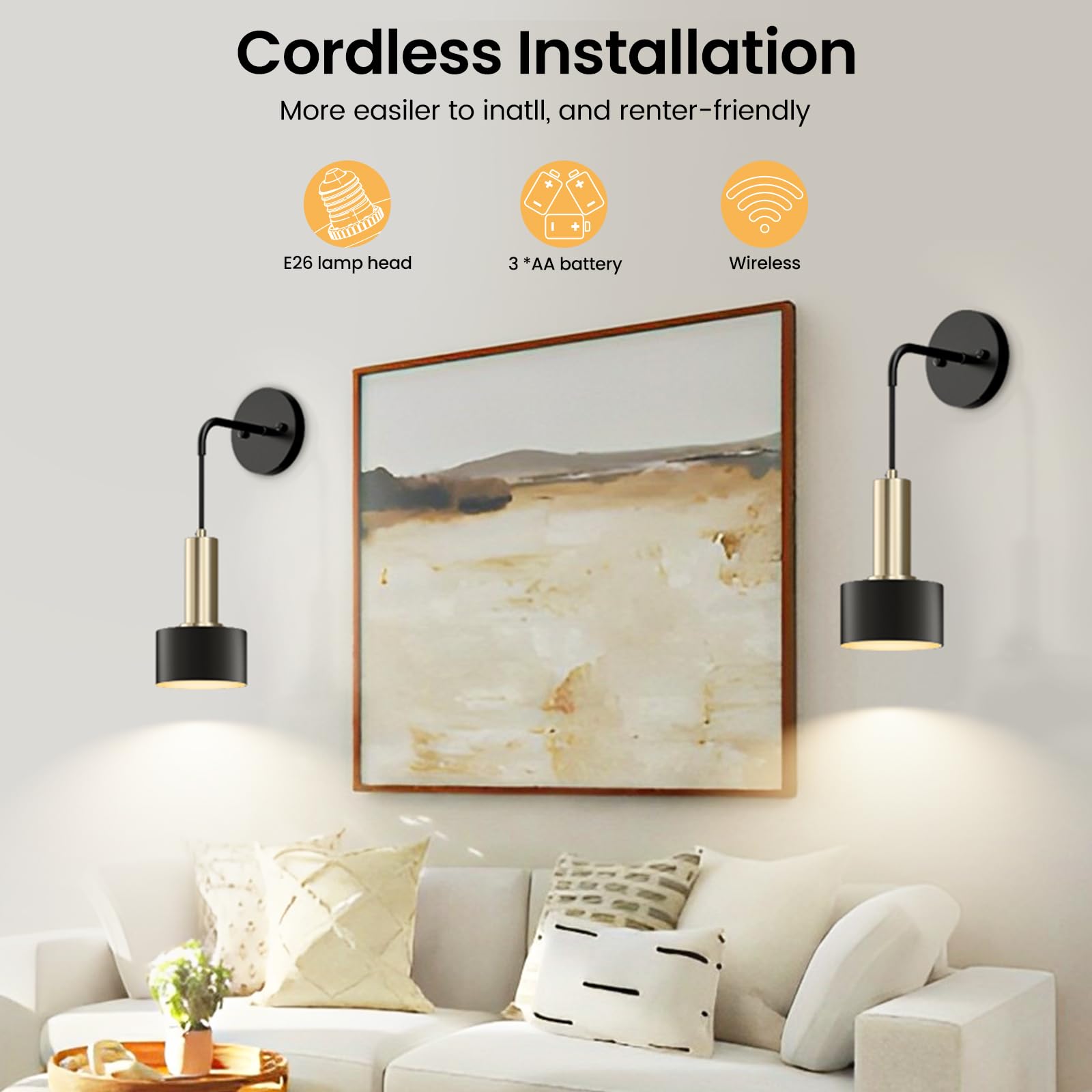 Battery Operated Wall Sconce Set of 2, Dimmable RGB Wall Sconce with Remote Indoor Battery Powered Wall Lamp V1171-CB-WLPD-CU-B-RGB-BO2