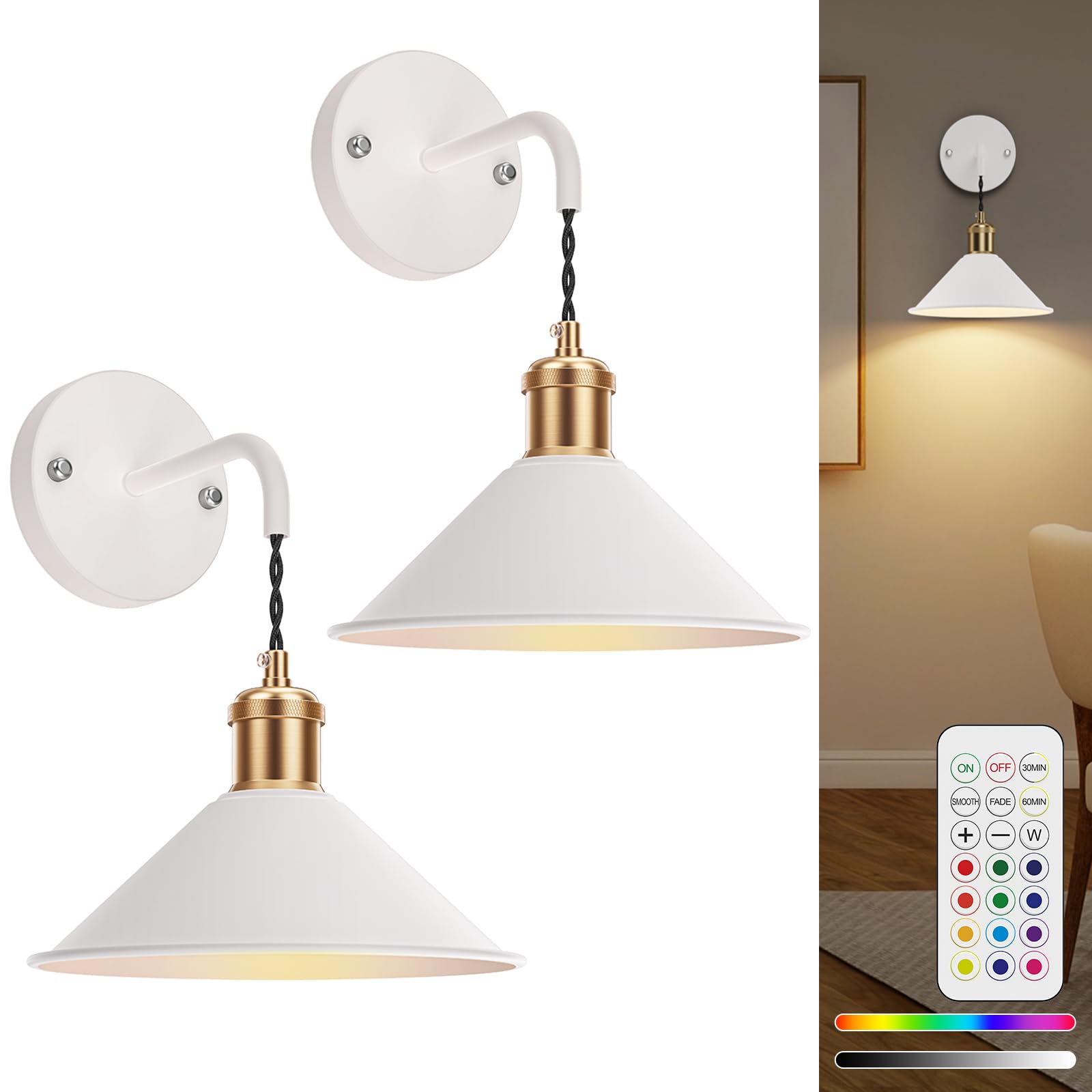 Battery Operated Wall Sconce, Wireless Wall Lights Set of 2, 13 RGB Colors Dimmable Battery Powered Wall Lamp V1171-CB-WLPD-W-RGB-BO2