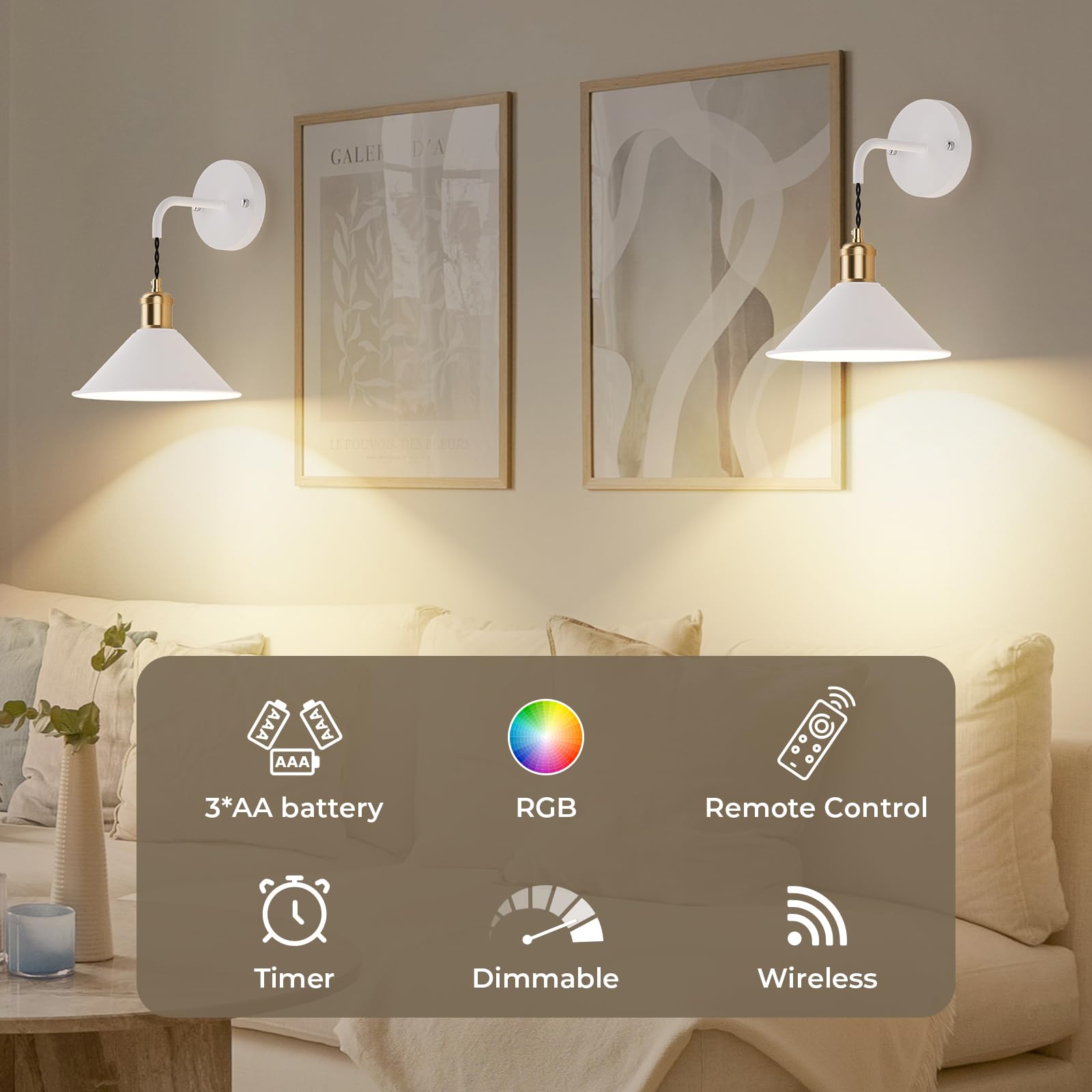 Battery Operated Wall Sconce, Wireless Wall Lights Set of 2, 13 RGB Colors Dimmable Battery Powered Wall Lamp V1171-CB-WLPD-W-RGB-BO2