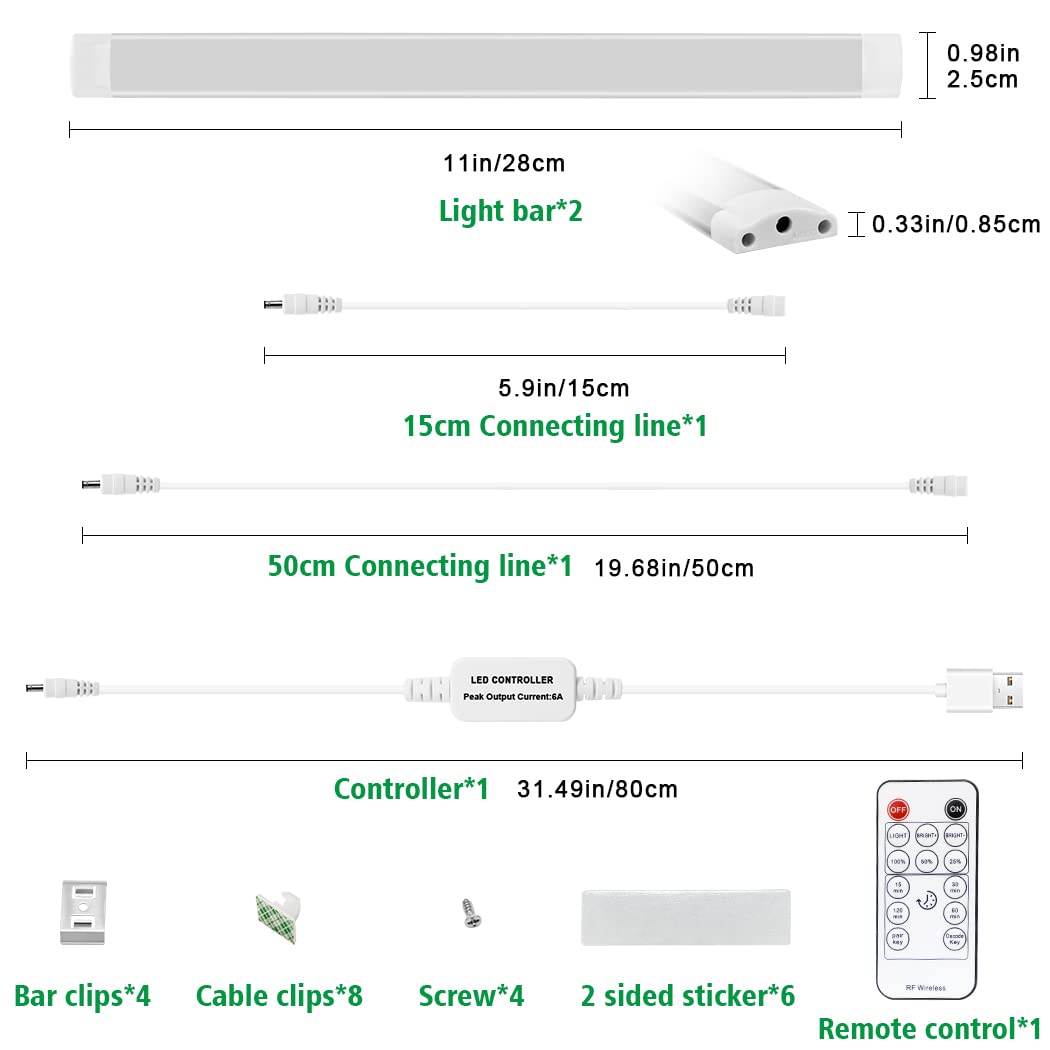 Led Under Cupboard Kitchen Lights, Dimmable Bar Cupboard Lights with Remote Control for Wardrobe,Cupboards, V1171-CC-5VNWBAR30-2-RM