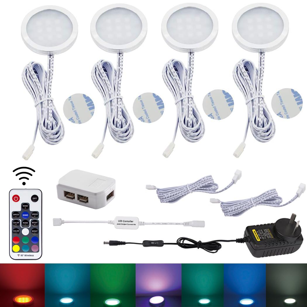 RGB Color Changing LED Under Cabinet Lighting Kit 4 Packs Aluminum Slim Cabinet LED Puck Lights for Kitchen V1171-CC-AYLBHA010AU