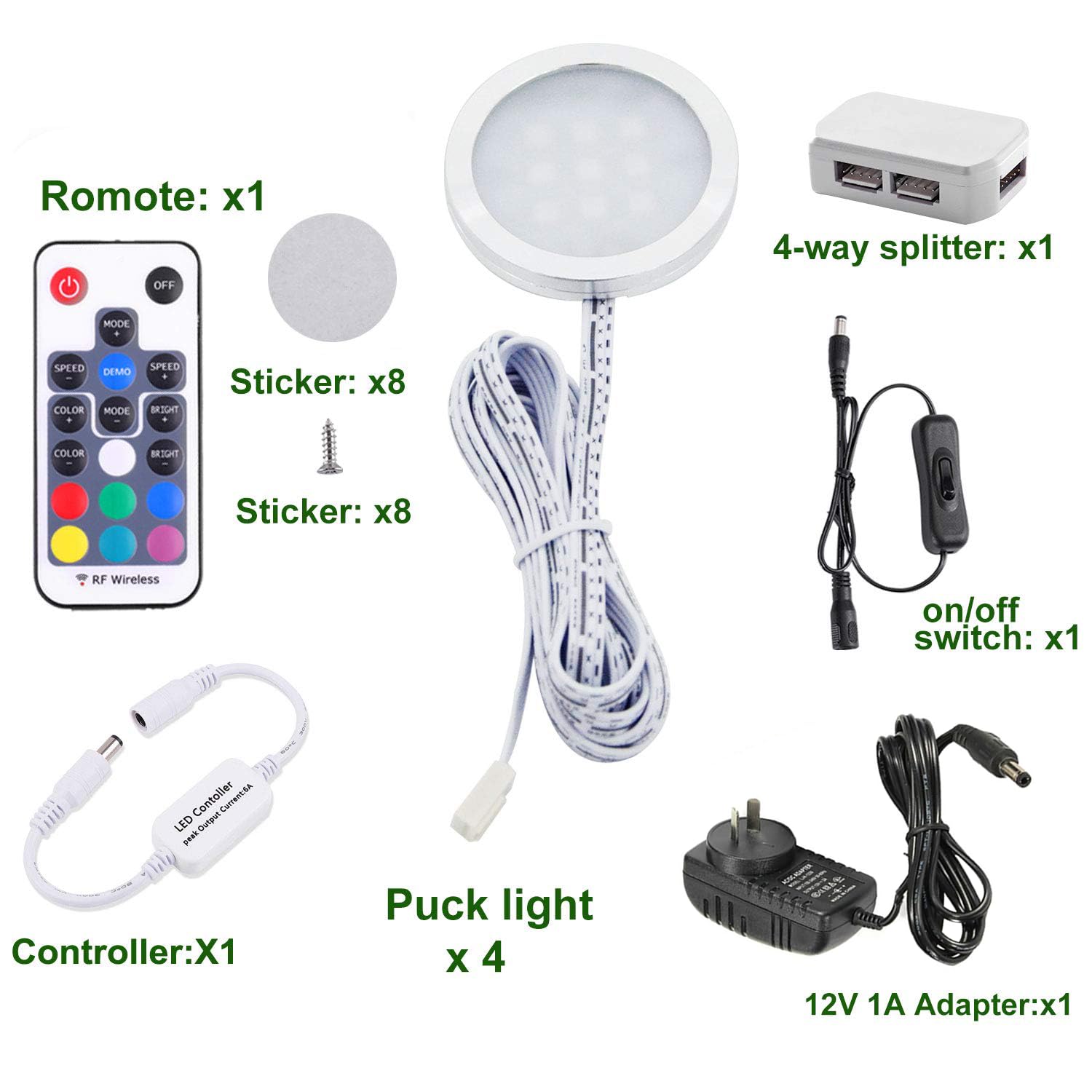 RGB Color Changing LED Under Cabinet Lighting Kit 4 Packs Aluminum Slim Cabinet LED Puck Lights for Kitchen V1171-CC-AYLBHA010AU