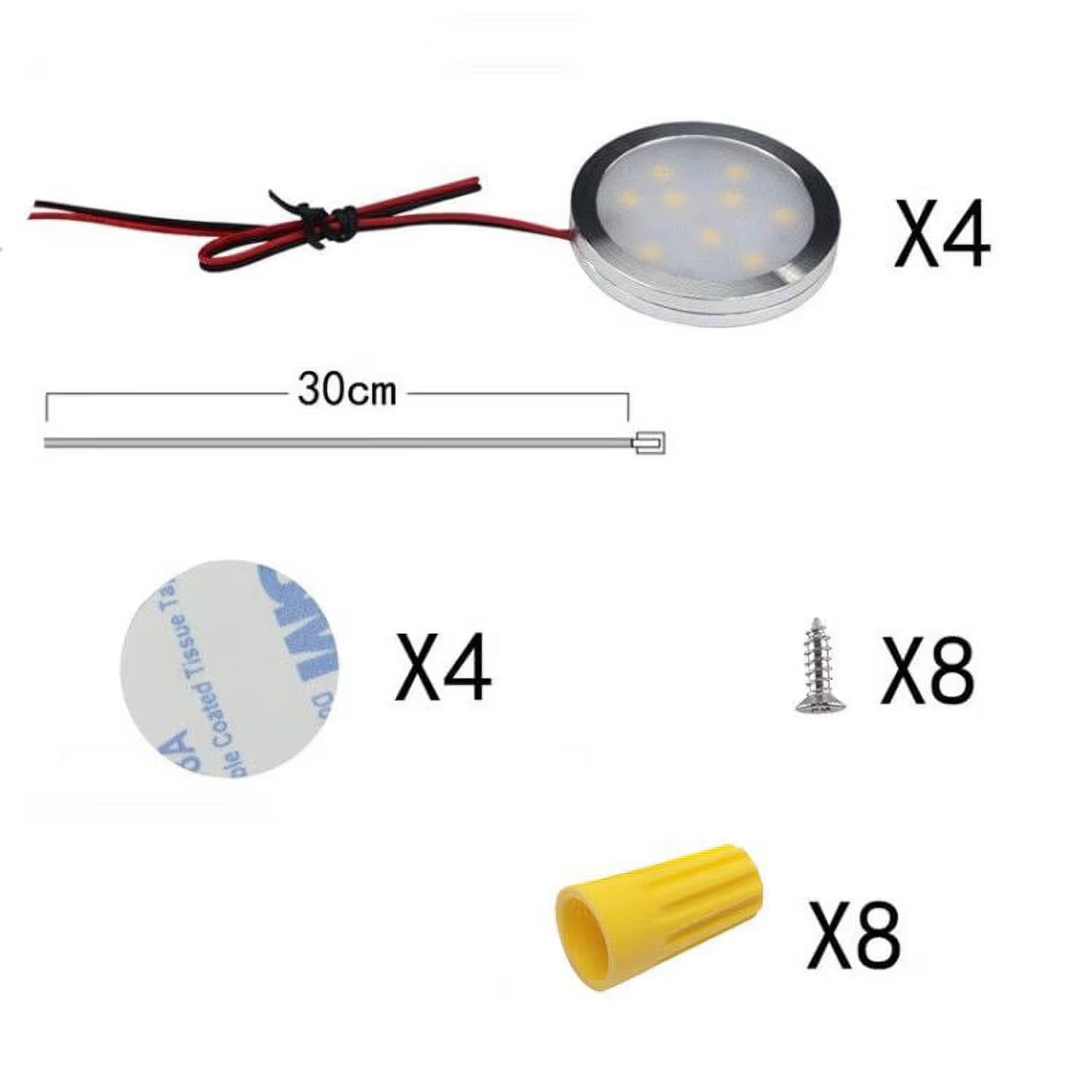Under Cabinet LED Puck Lights, 2W Hardwired Round LED Spot Lights, 30cm Lead Wire, 12V DC Low Voltage, V1171-CC-BDOEFB002-4