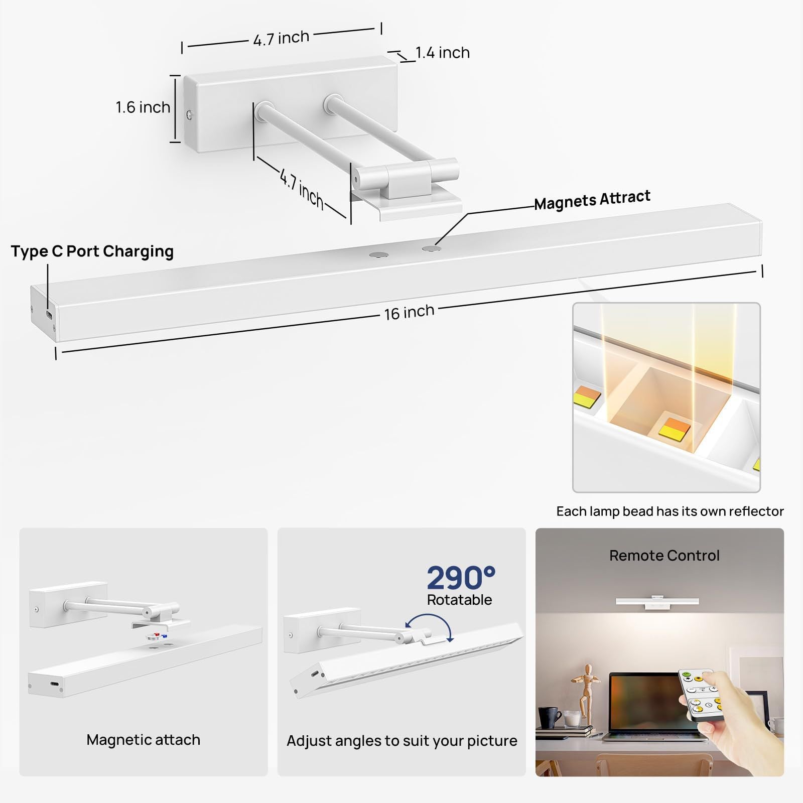 Picture Light Battery Operated, 16in Wireless Art Light for Paintings CCT Dimmable Recharging Battery Picture V1171-CC-BOM000790