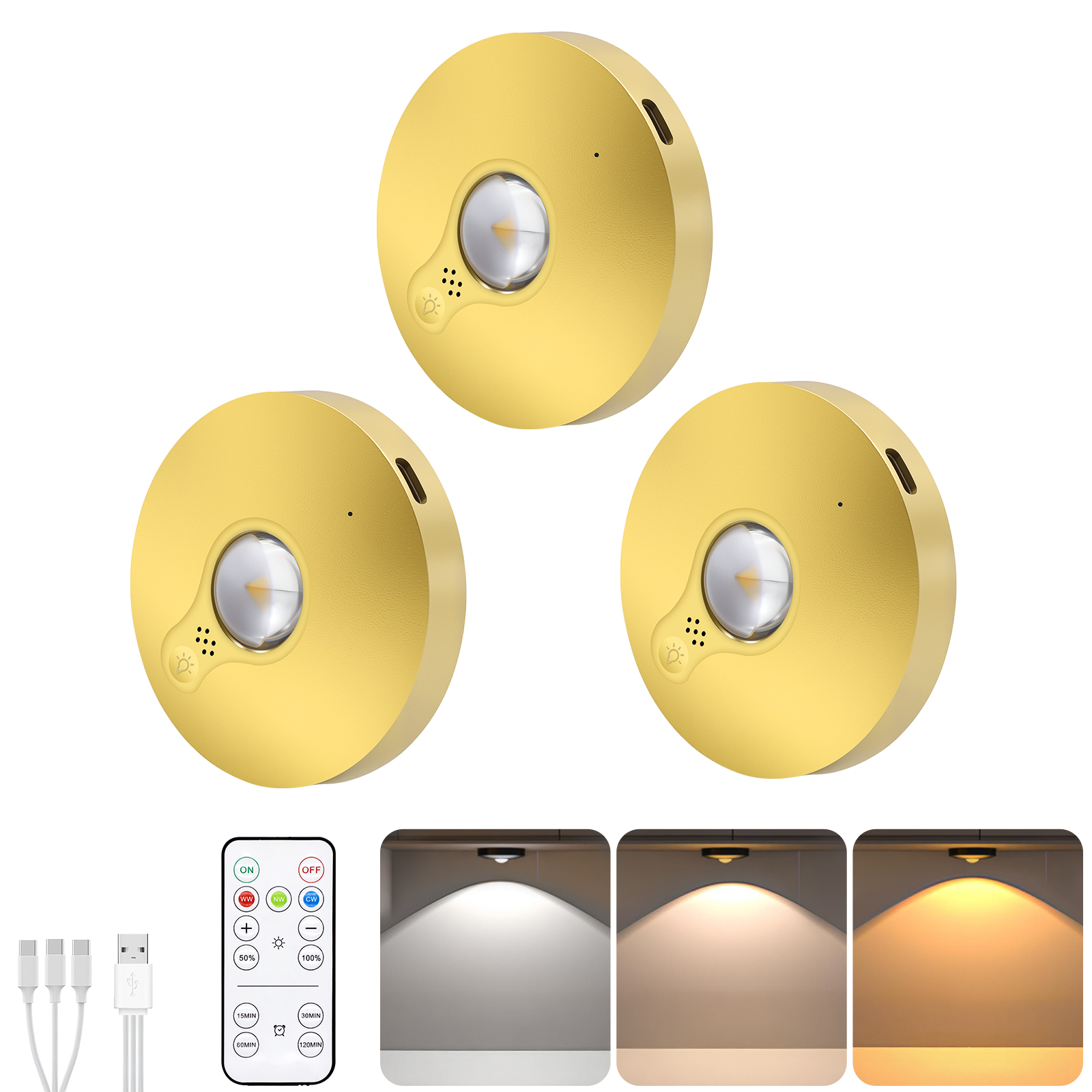 3 Lights LED Rechargeable Slim Cabinet Light, 2cm, Remote Control, Magnetic Mount V1171-CC-BOM001089-B
