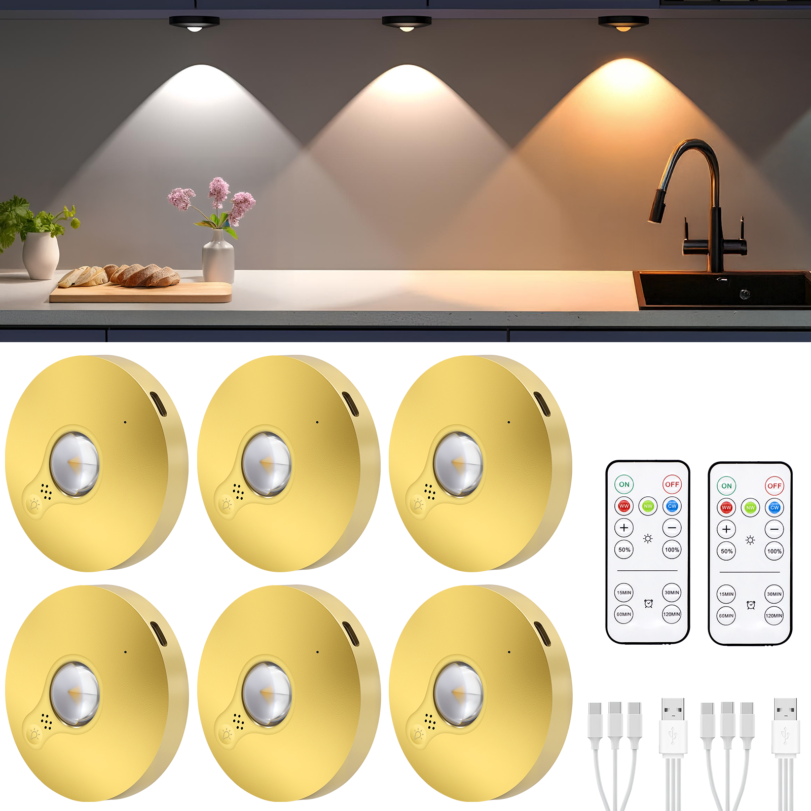 6 Lights LED Rechargeable Slim Cabinet Light, 2cm, Remote Control, Magnetic Mount V1171-CC-BOM001090-B