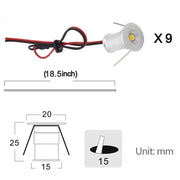 12V Under Cabinet LED Lights 9 Packs of Recessed Mini Downlights with Hardwired Cable and Connectors for V1171-CC-BOM001195
