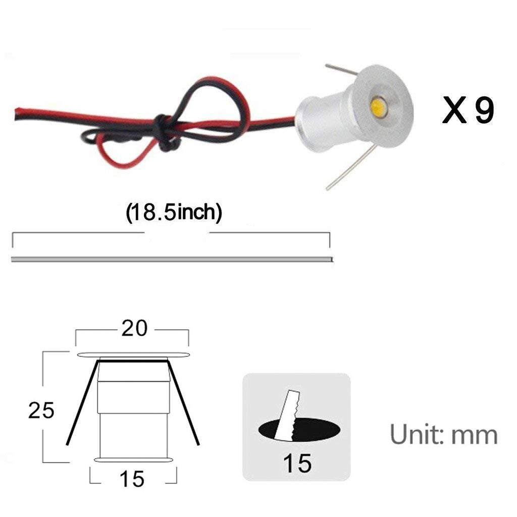 12V Under Cabinet LED Lights 9 Packs of Recessed Mini Downlights with Hardwired Cable and Connectors for V1171-CC-BOM001195