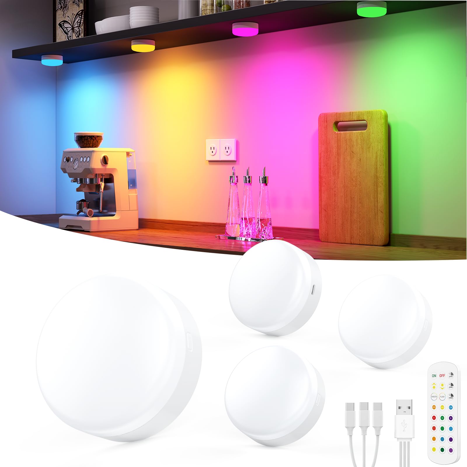 Puck Lights with Remote Control, 4-Pack Wireless Stick On Lights for Under Cabinet, Closet, Bedroom, V1171-CC-BOM001258