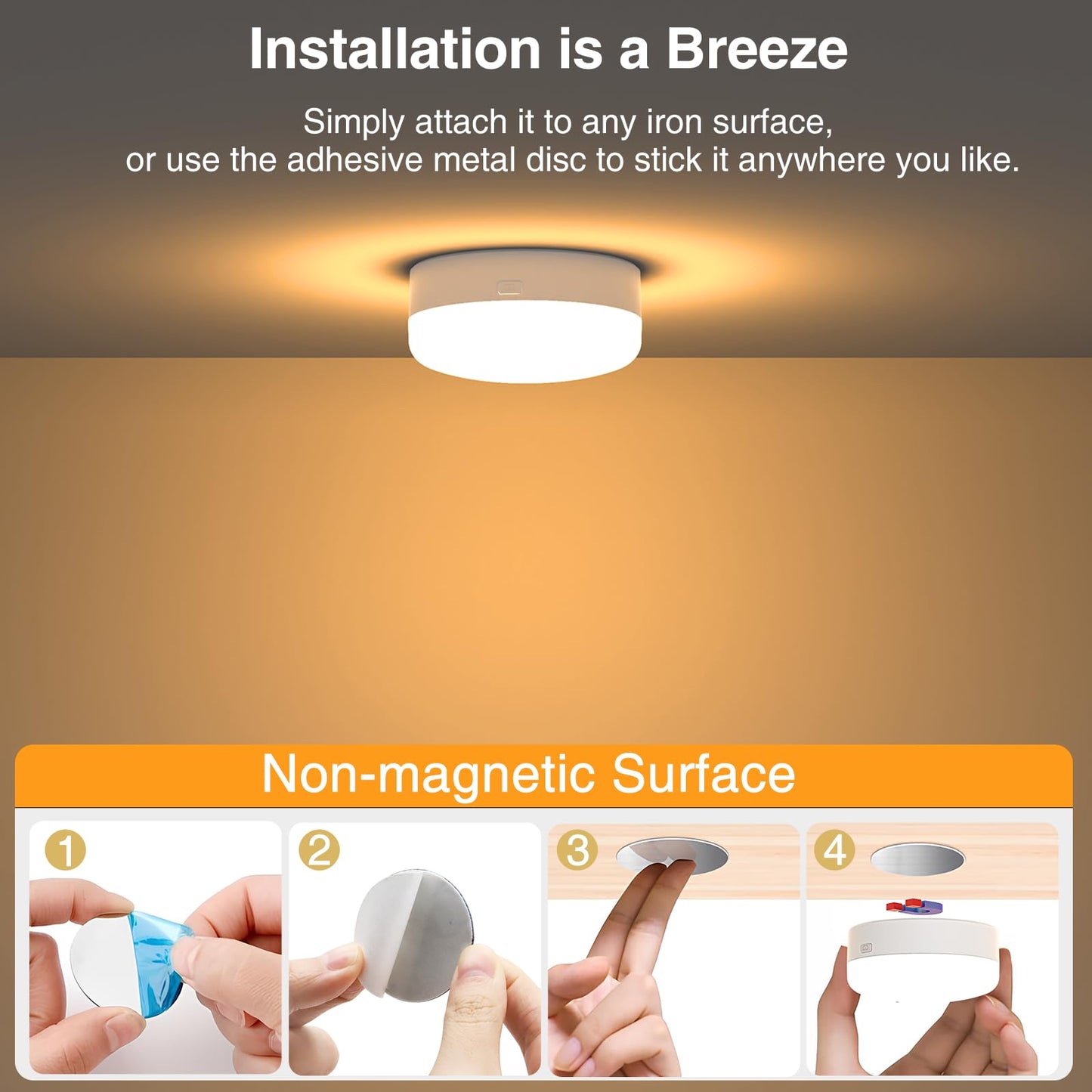 Puck Lights with Remote Control, 4-Pack Wireless Stick On Lights for Under Cabinet, Closet, Bedroom, V1171-CC-BOM001258