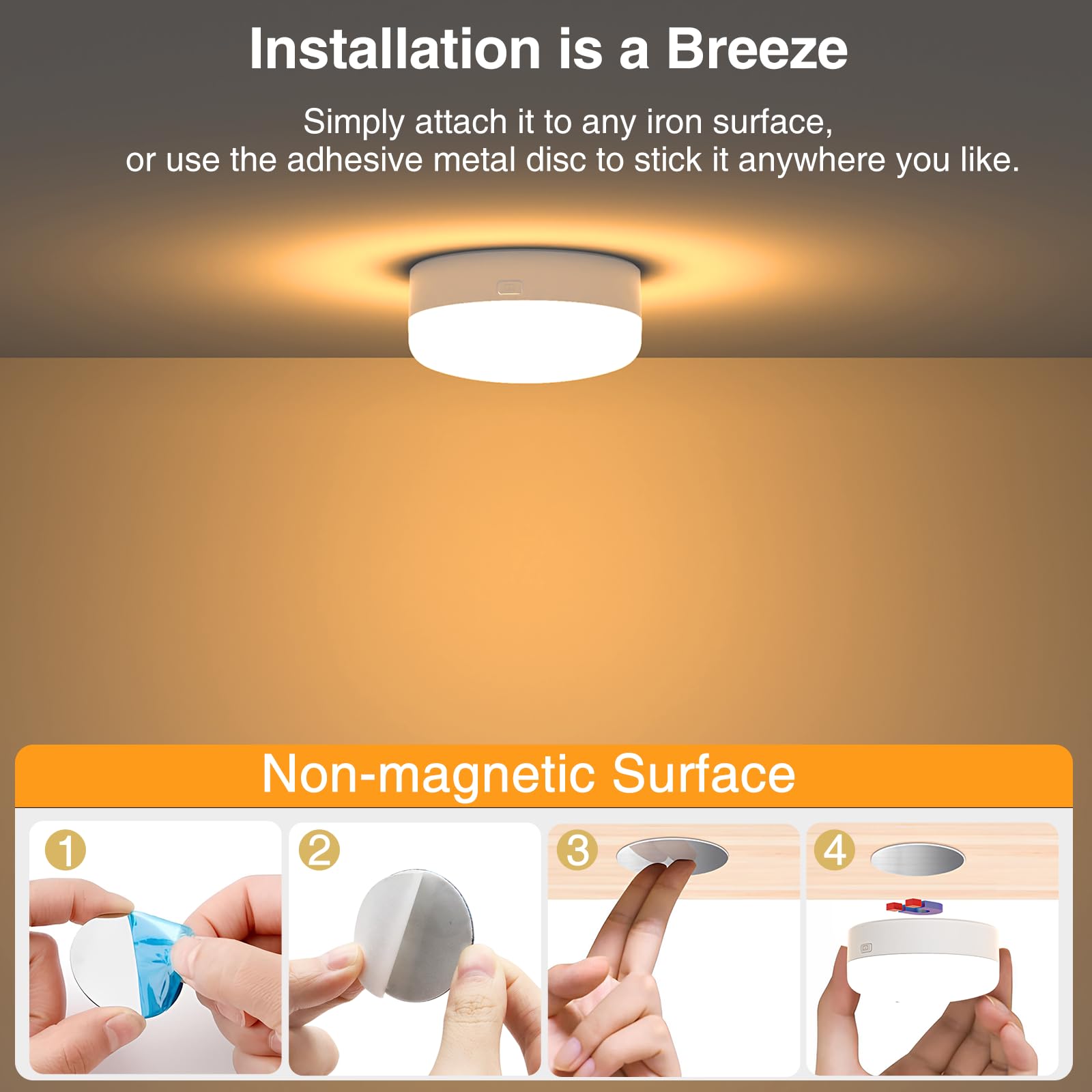 Puck Lights with Remote Control, 4-Pack Wireless Stick On Lights for Under Cabinet, Closet, Bedroom, V1171-CC-BOM001258