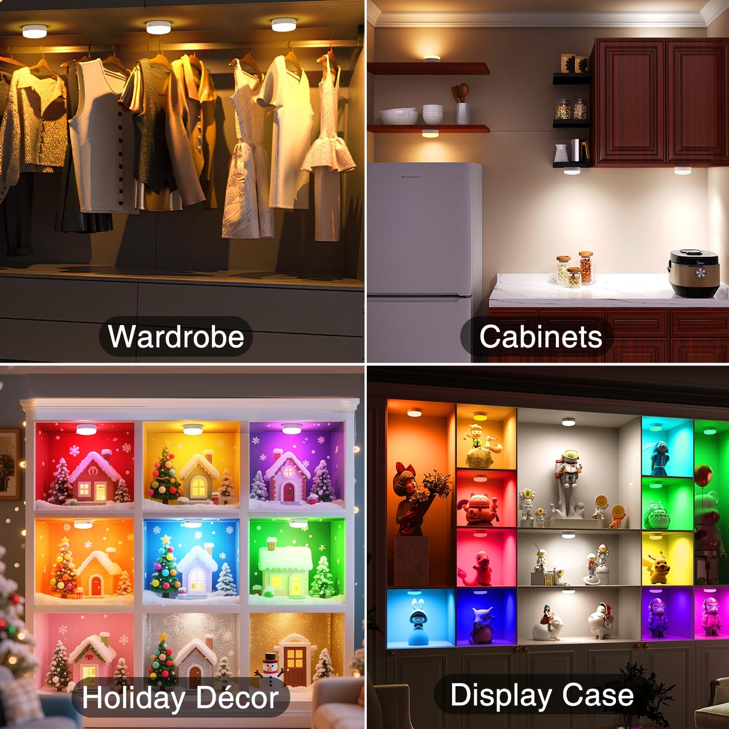 Puck Lights with Remote Control, 4-Pack Wireless Stick On Lights for Under Cabinet, Closet, Bedroom, V1171-CC-BOM001258