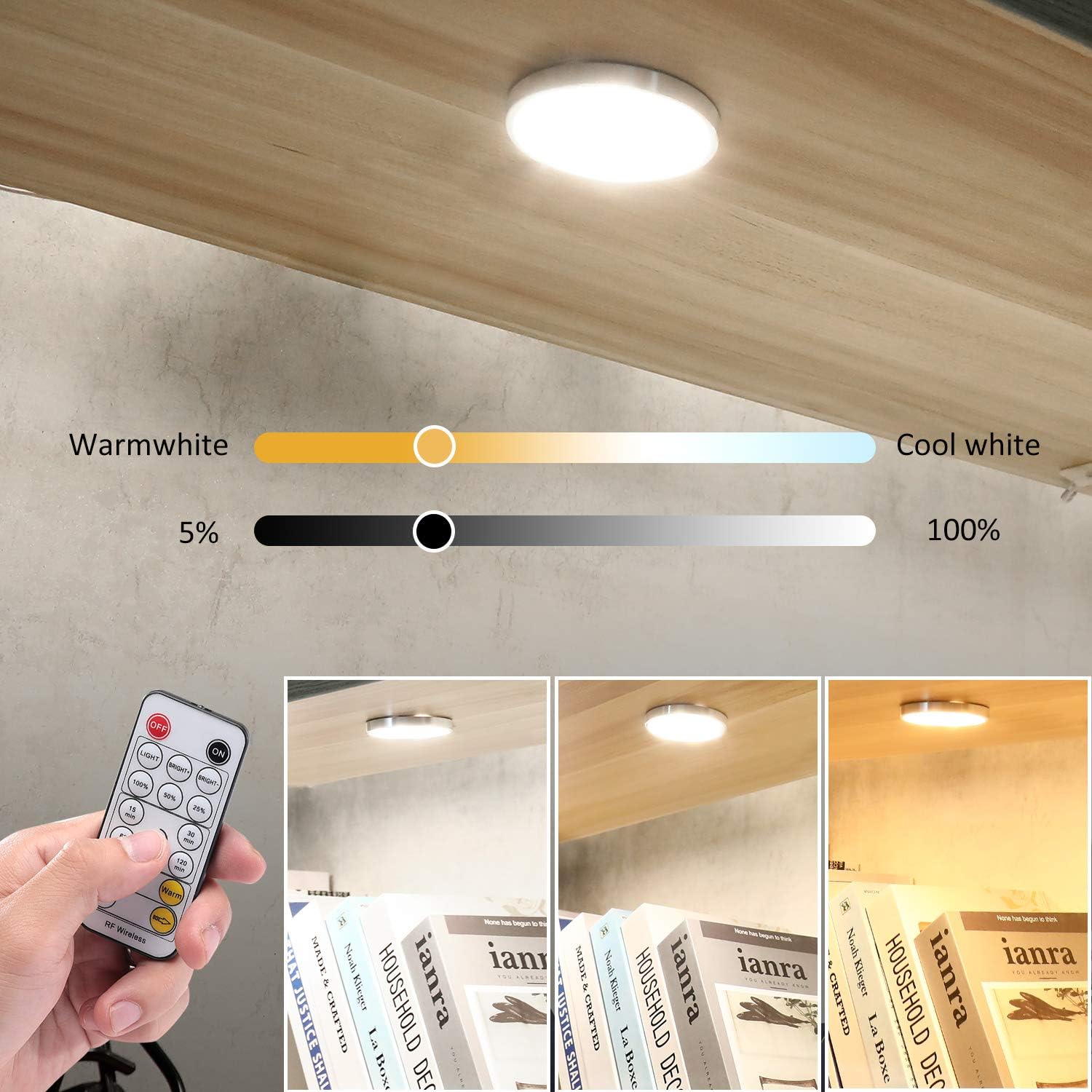 LED Under Cabinet Puck Lights CCT Light Color Temperature Adjustable Warm+White Double Color with Dimmable RF V1171-CC-BPTBAD008