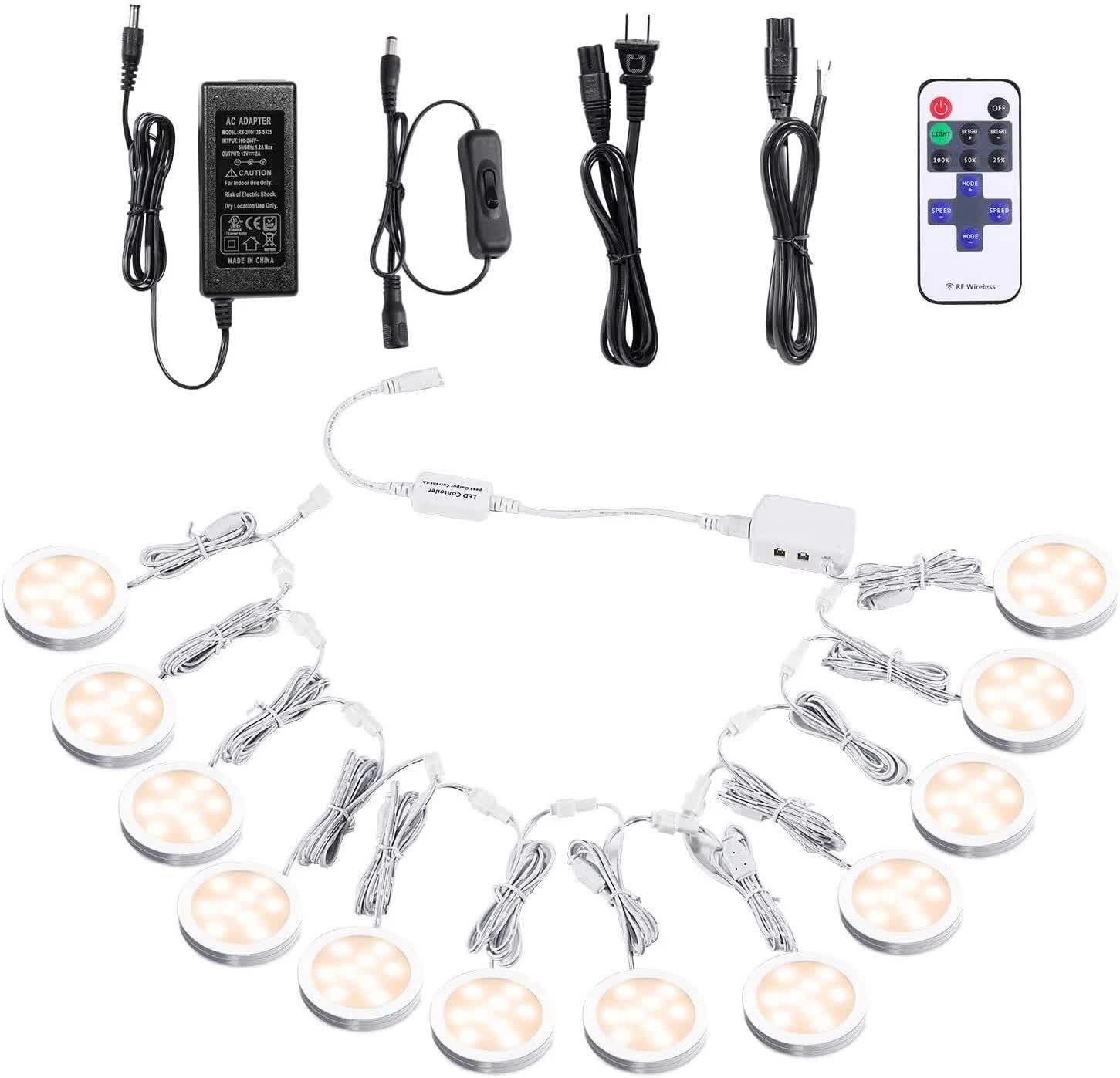 Linkable Under Cabinet LED Lighting 12V Dimmable Puck Lights with Wireless RF Remote Control, Hardwired & V1171-CC-BPVBCE012