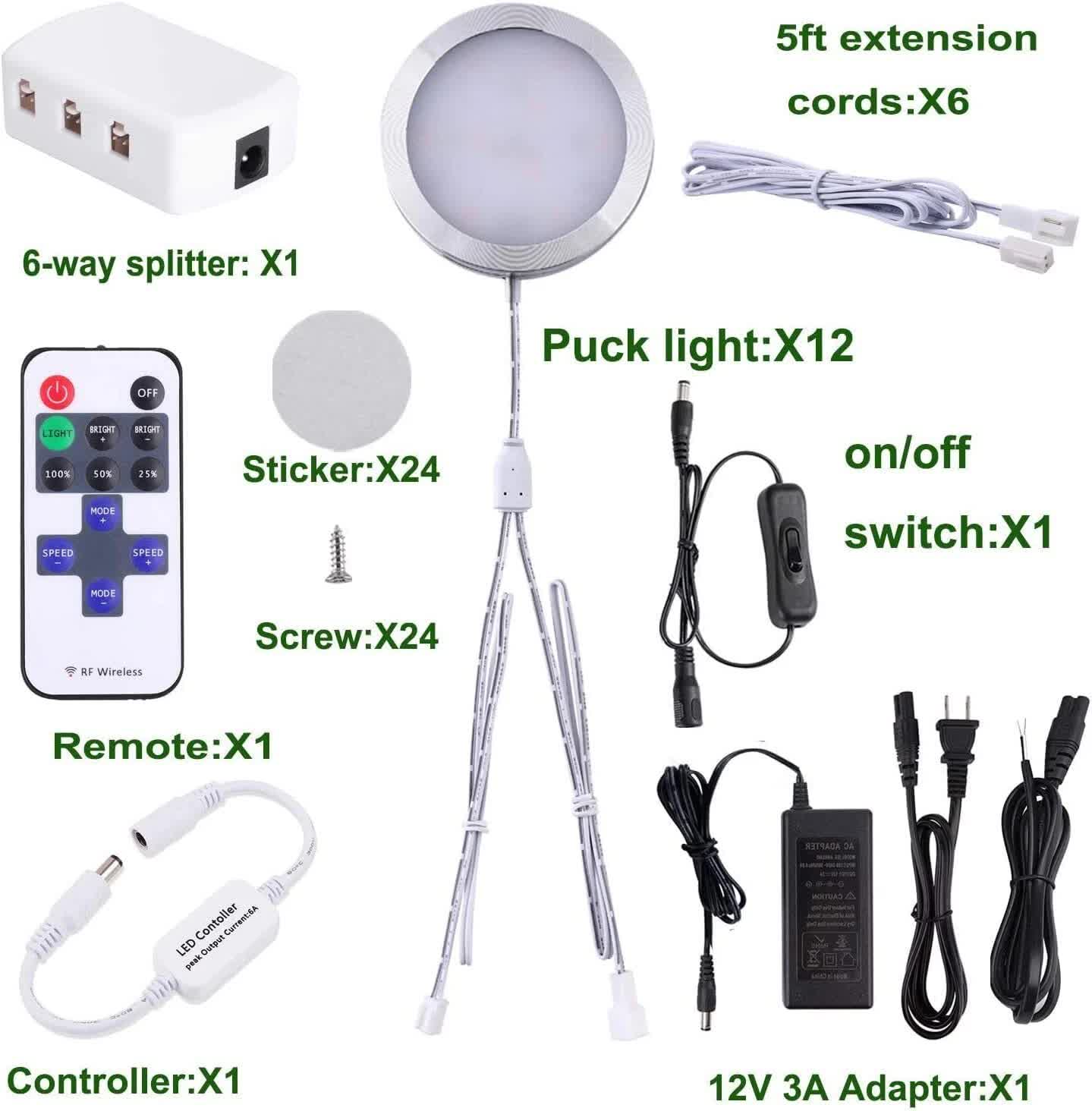 Linkable Under Cabinet LED Lighting 12V Dimmable Puck Lights with Wireless RF Remote Control, Hardwired & V1171-CC-BPVBFE012
