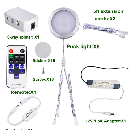 Linkable Under Cabinet LED Lighting 12V Dimmable Puck Lights Hardwired with Wireless RF Remote Control for V1171-CC-BPZBCA008-EU